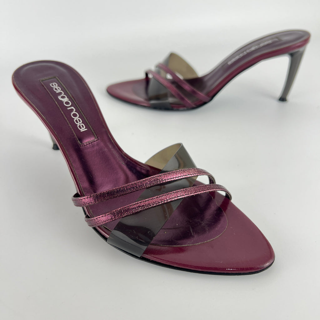 Sergio Rossi | Metallic Purple PVC Strap Silver Heel Mules (36)