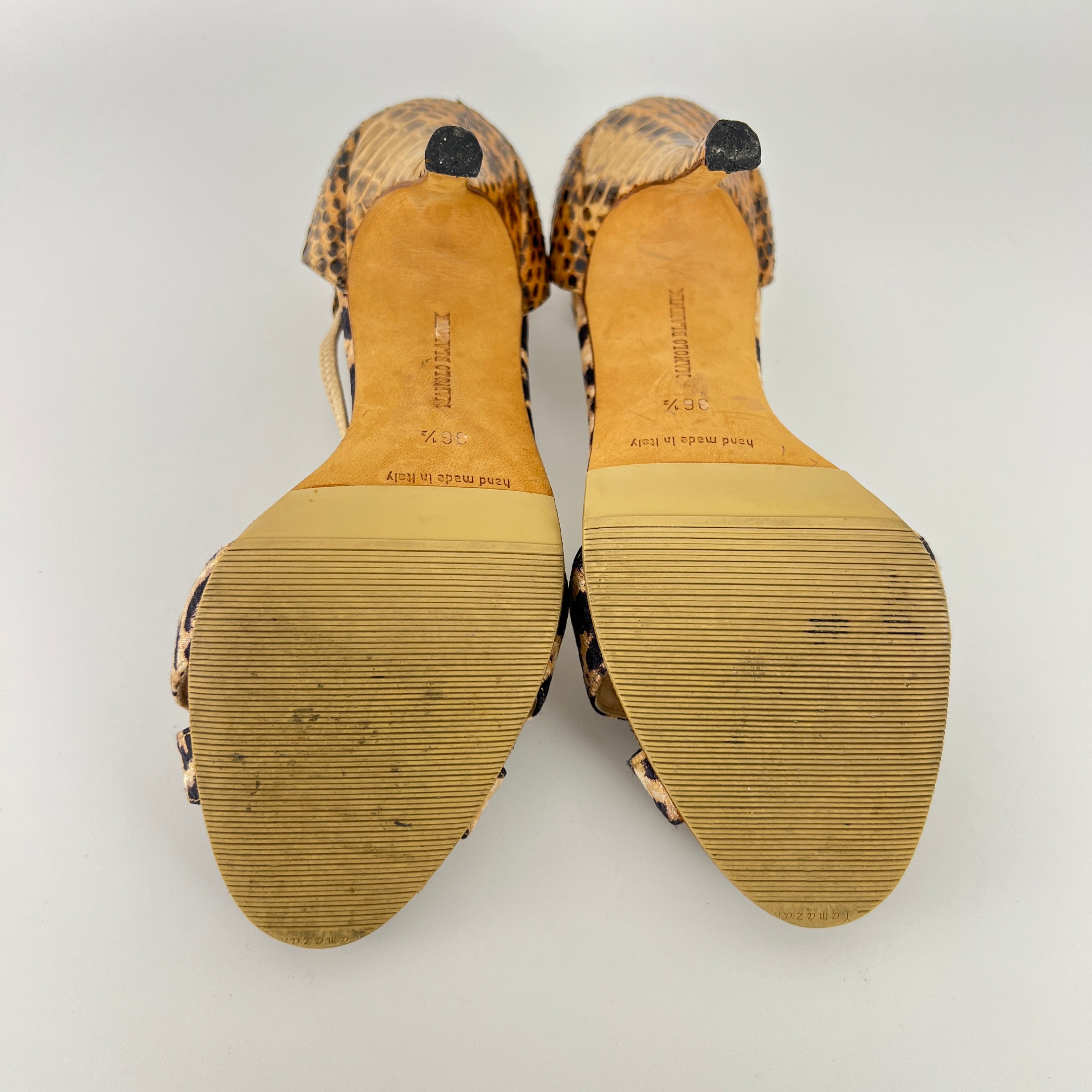 Manolo Blahnik | Drina Leopard Print Snake Leather Gold Jewel Heels (36.5)