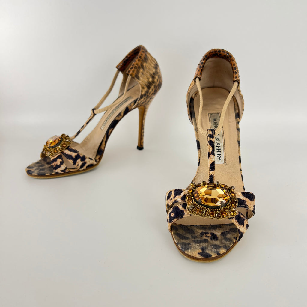 Manolo Blahnik | Drina Leopard Print Snake Leather Gold Jewel Heels (36.5)
