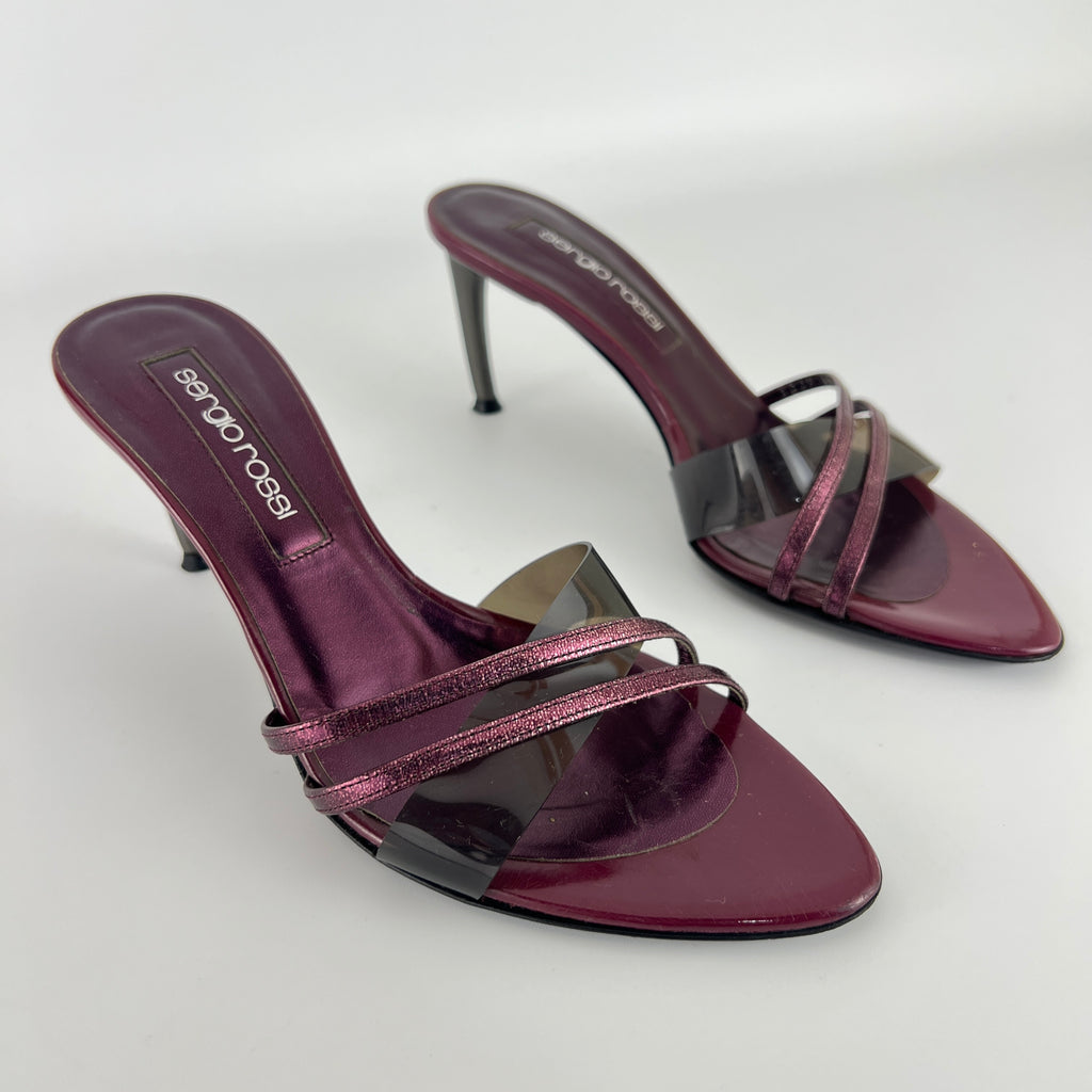 Sergio Rossi | Metallic Purple PVC Strap Silver Heel Mules (36)