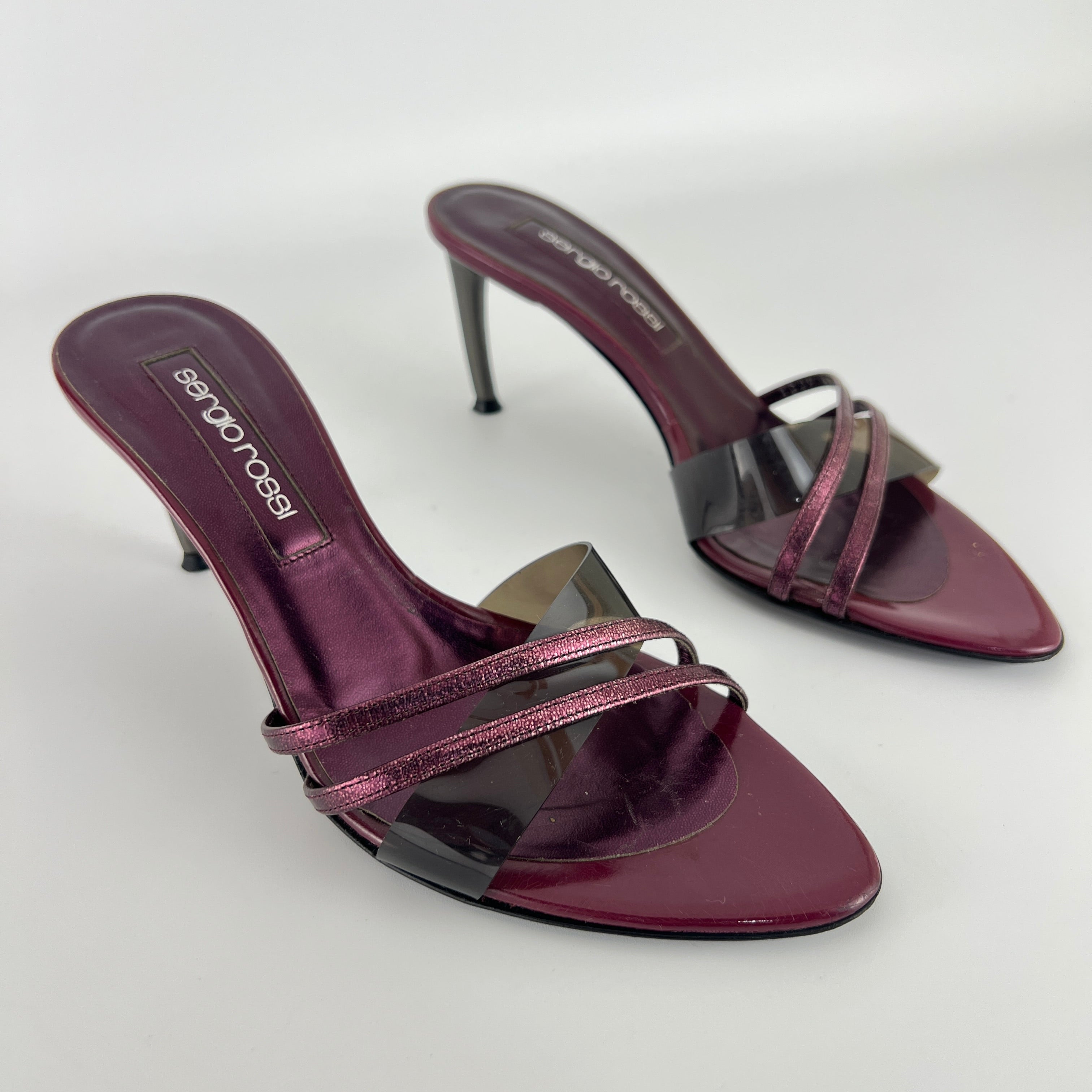 Sergio Rossi | Metallic Purple PVC Strap Silver Heel Mules (36)
