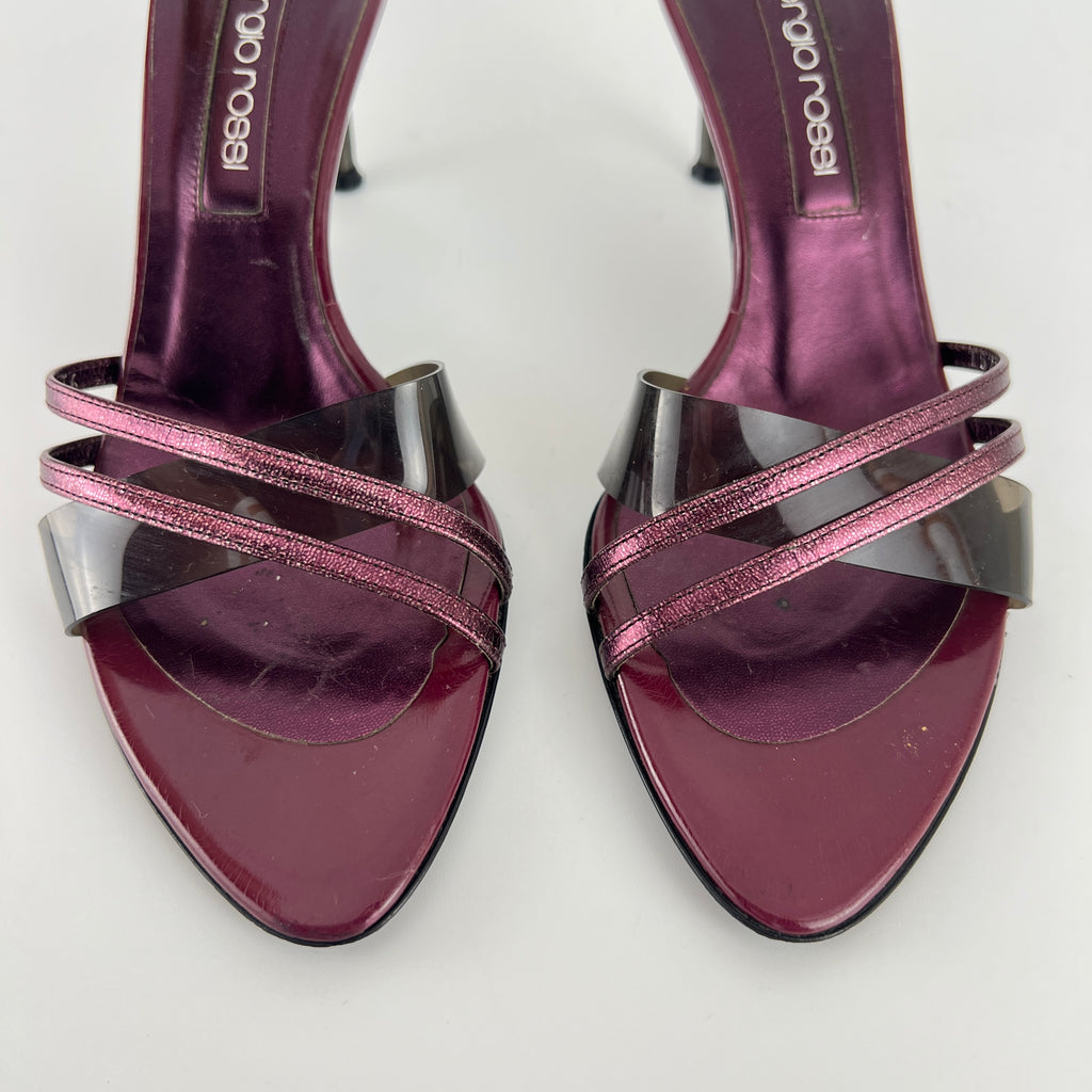 Sergio Rossi | Metallic Purple PVC Strap Silver Heel Mules (36)