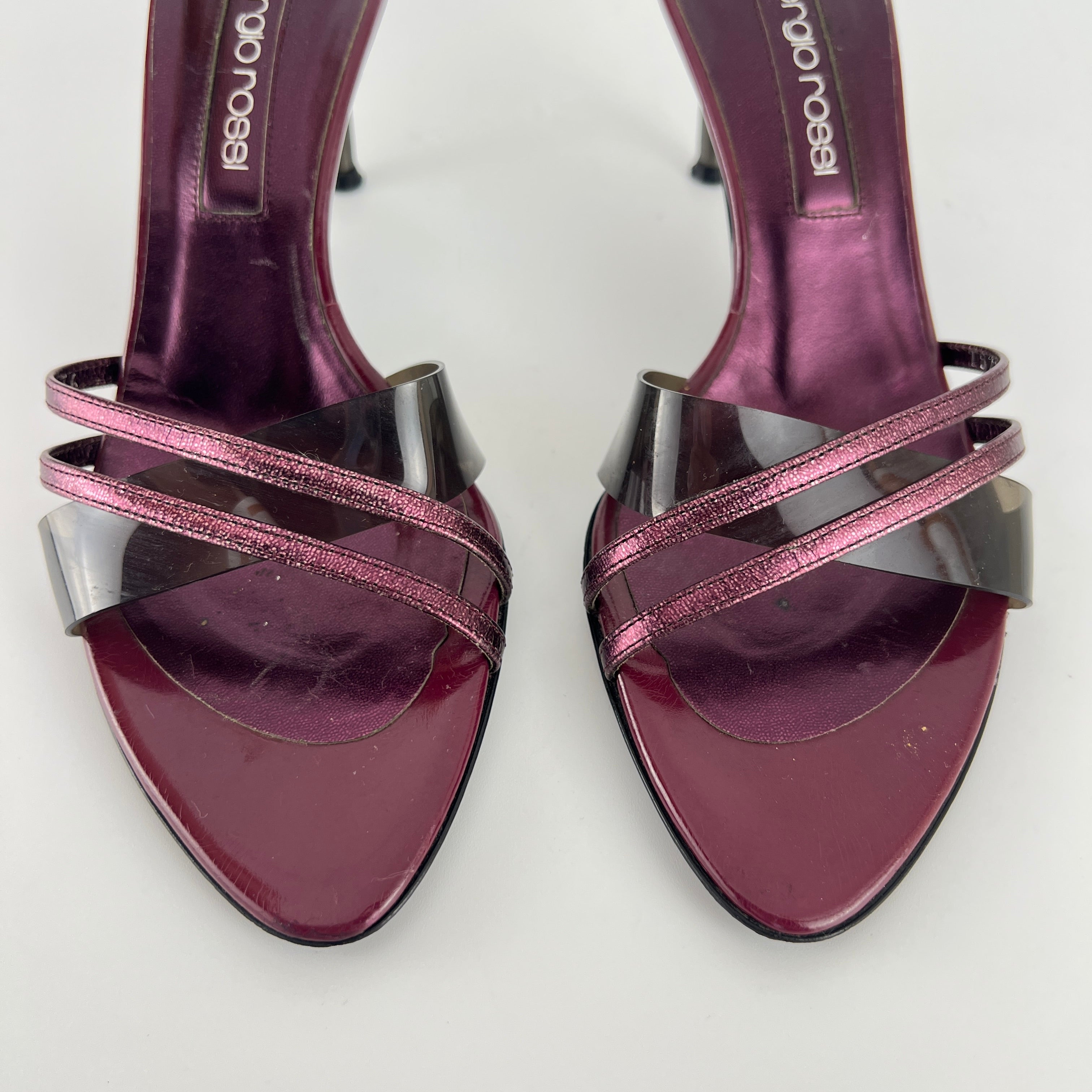 Sergio Rossi | Metallic Purple PVC Strap Silver Heel Mules (36)