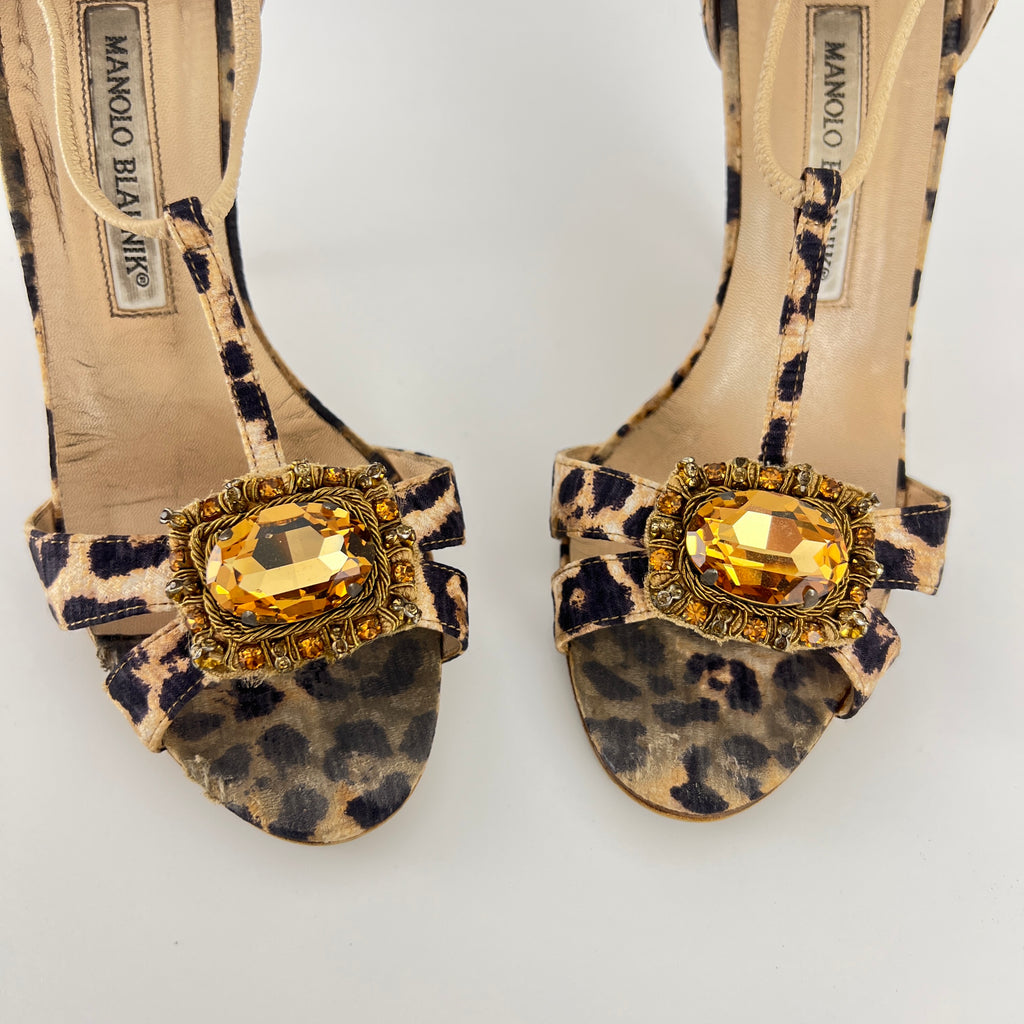 Manolo Blahnik | Drina Leopard Print Snake Leather Gold Jewel Heels (36.5)