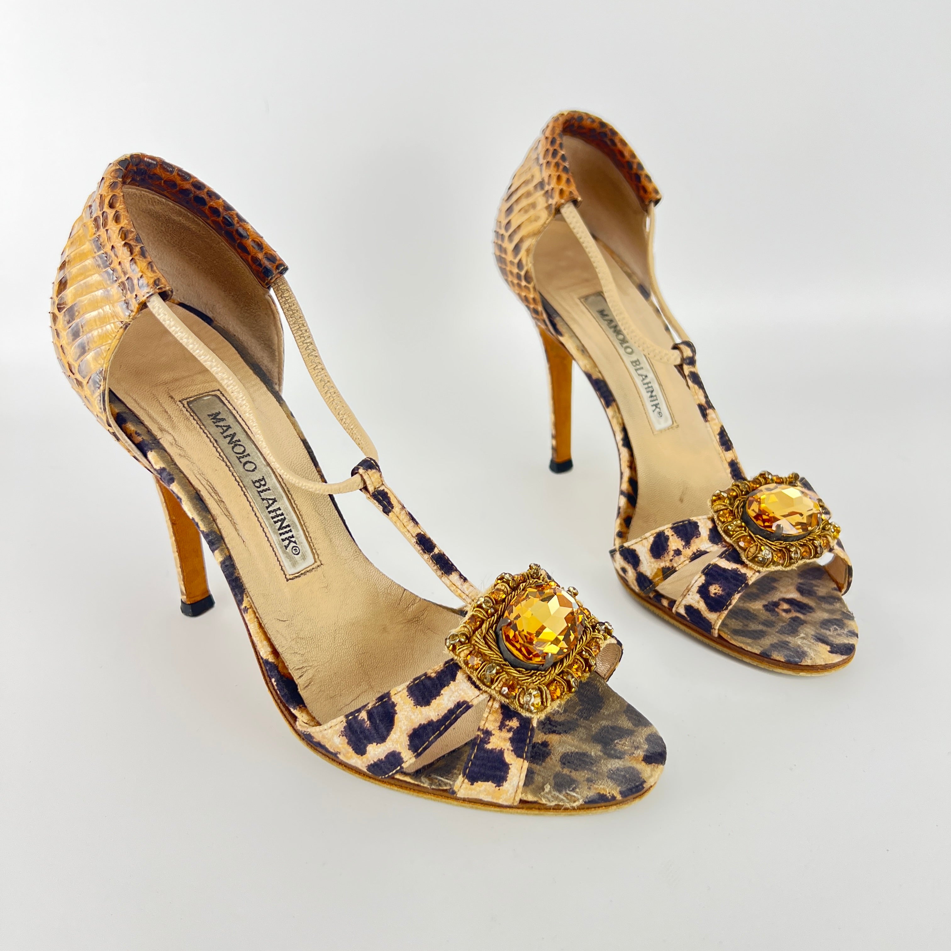 Manolo Blahnik | Drina Leopard Print Snake Leather Gold Jewel Heels (36.5)