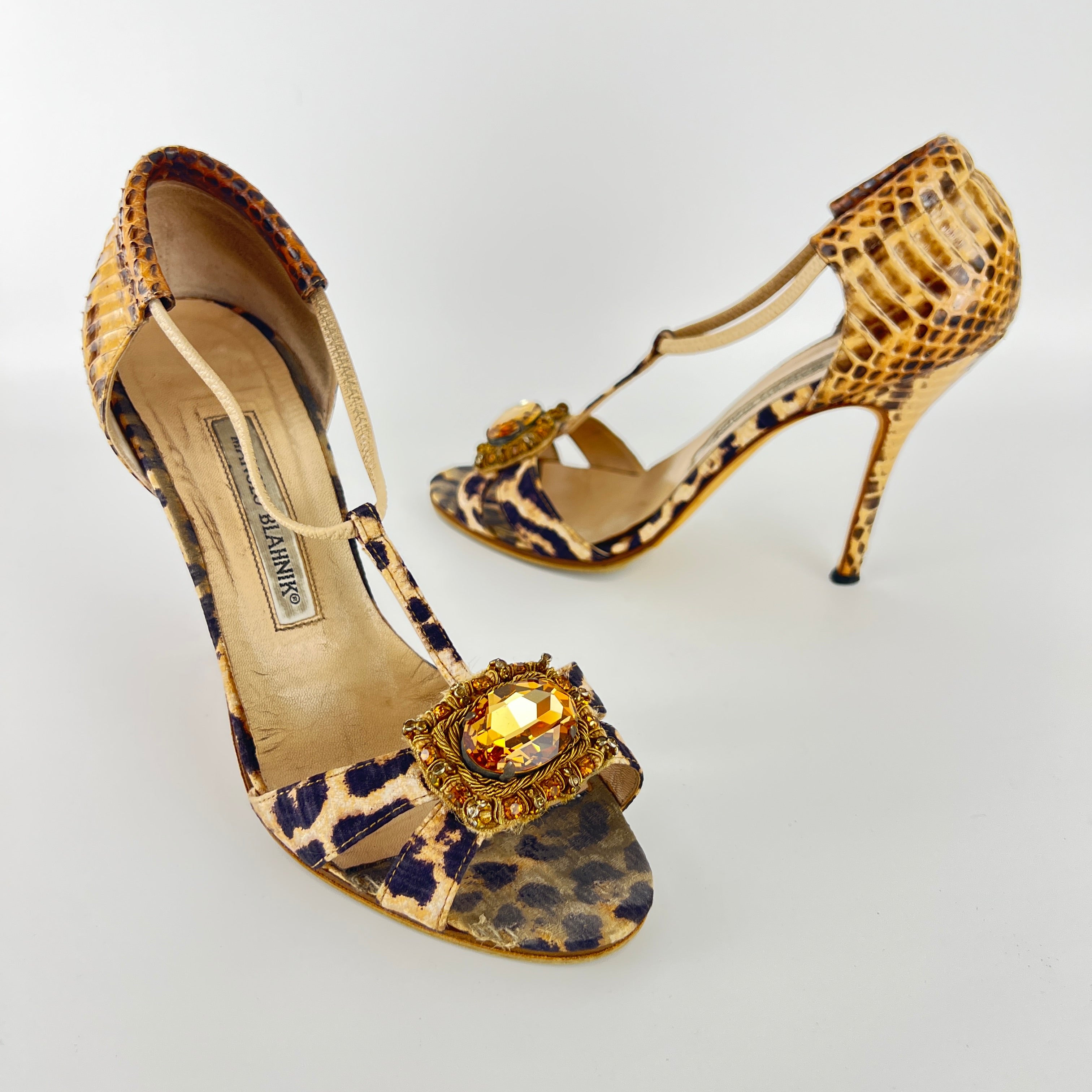 Manolo Blahnik | Drina Leopard Print Snake Leather Gold Jewel Heels (36.5)