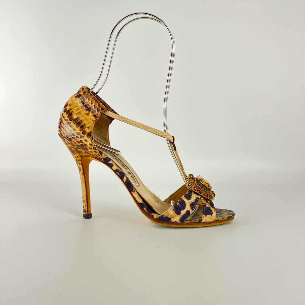 Manolo Blahnik | Drina Leopard Print Snake Leather Gold Jewel Heels (36.5)