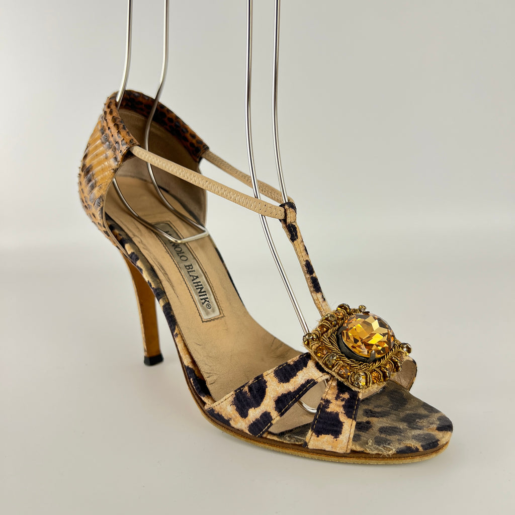 Manolo Blahnik | Drina Leopard Print Snake Leather Gold Jewel Heels (36.5)