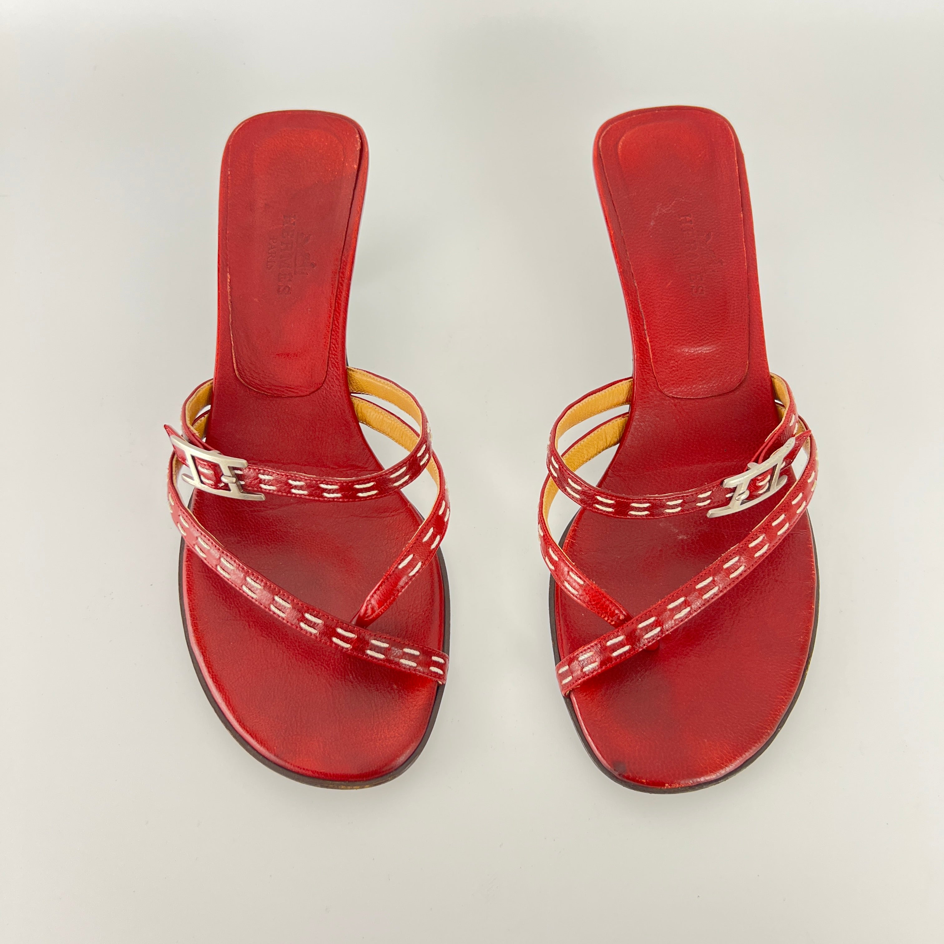 Hermes | Vintage Red Leather Thong H Buckle Top Stitch Sandal Kitten Mules (35.5)