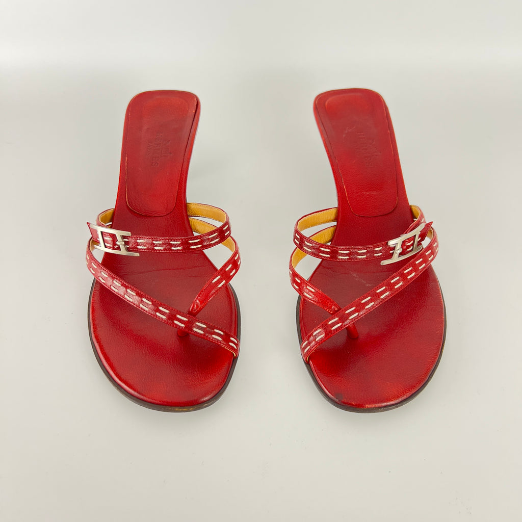 Hermes | Vintage Red Leather Thong H Buckle Top Stitch Sandal Kitten Mules (35.5)