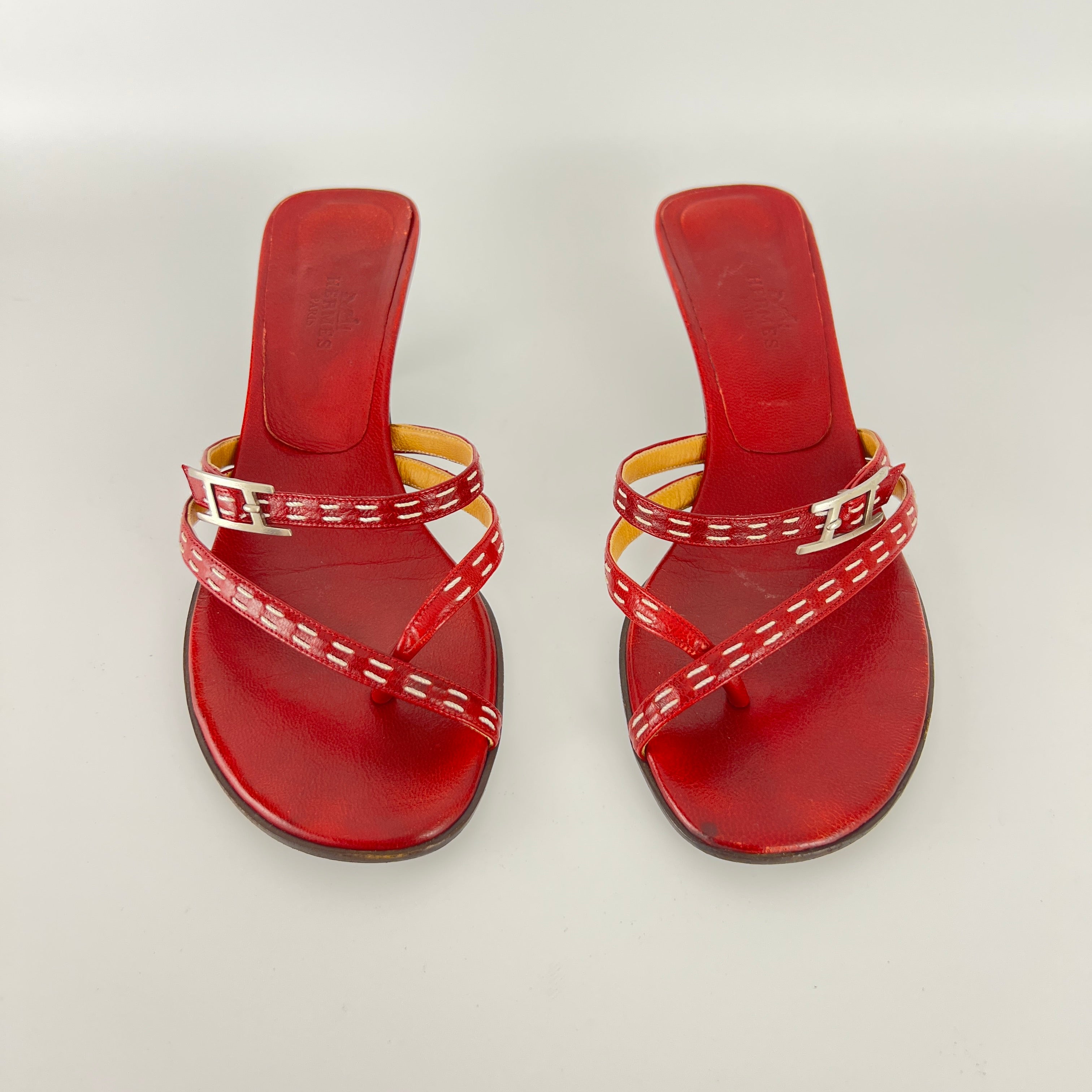 Hermes | Vintage Red Leather Thong H Buckle Top Stitch Sandal Kitten Mules (35.5)