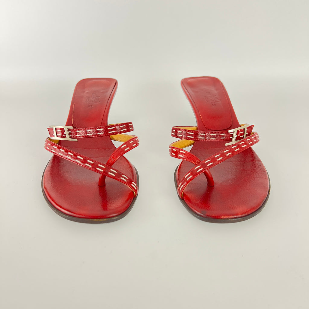 Hermes | Vintage Red Leather Thong H Buckle Top Stitch Sandal Kitten Mules (35.5)