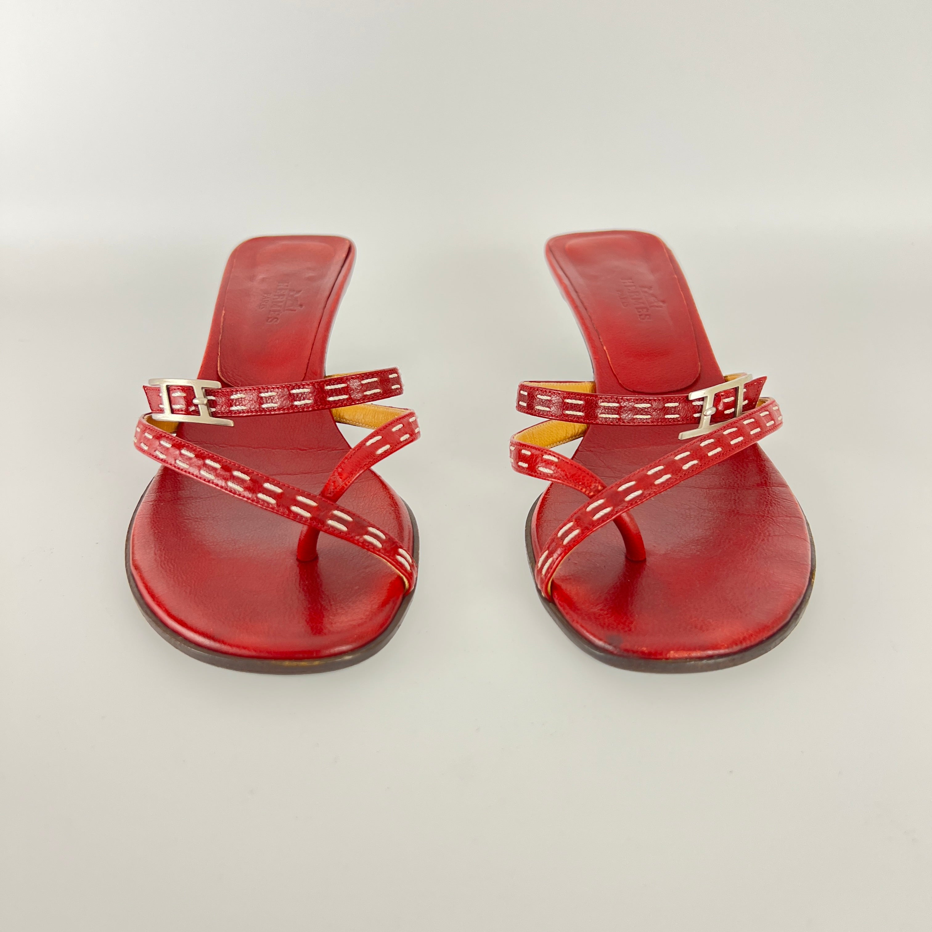 Hermes | Vintage Red Leather Thong H Buckle Top Stitch Sandal Kitten Mules (35.5)