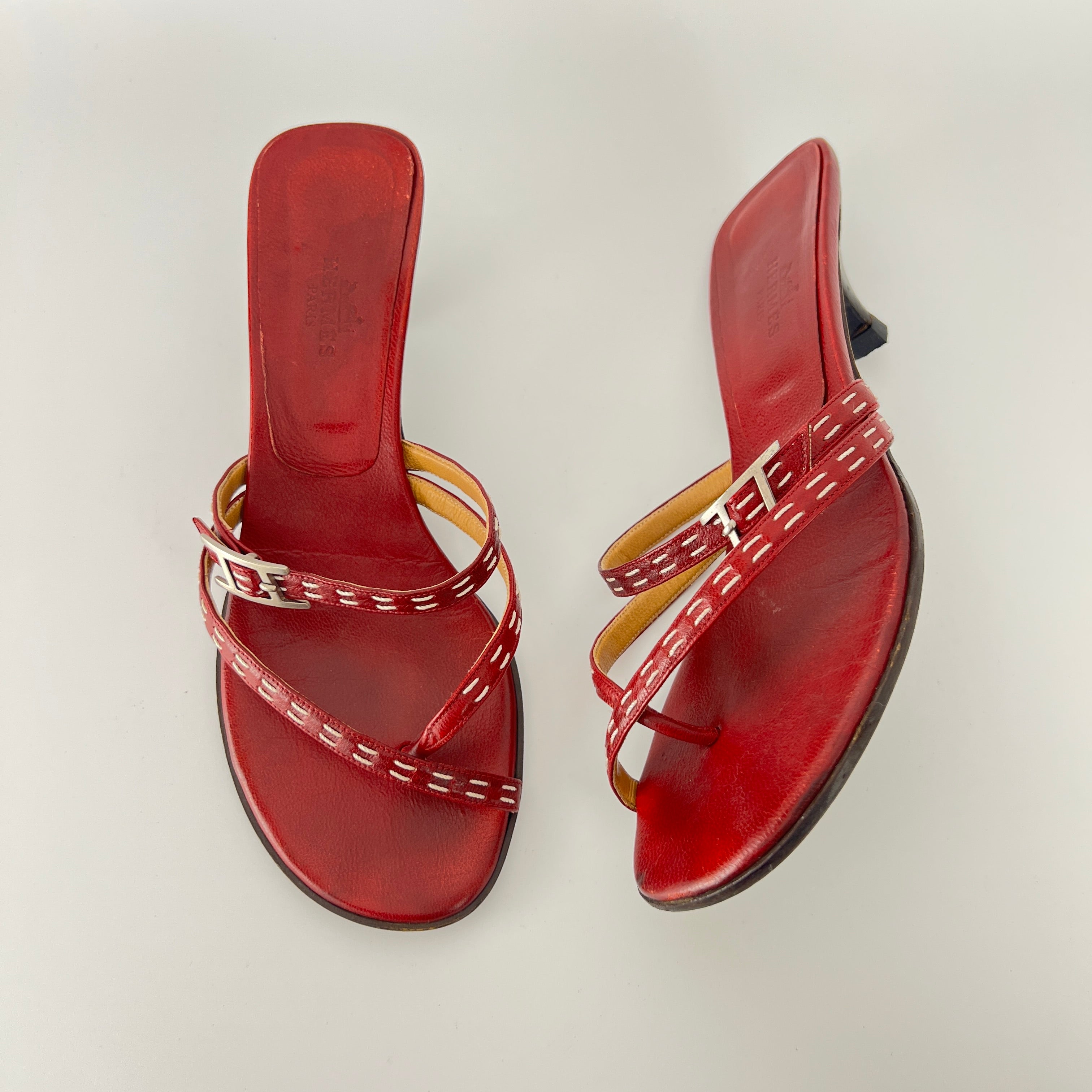 Hermes | Vintage Red Leather Thong H Buckle Top Stitch Sandal Kitten Mules (35.5)
