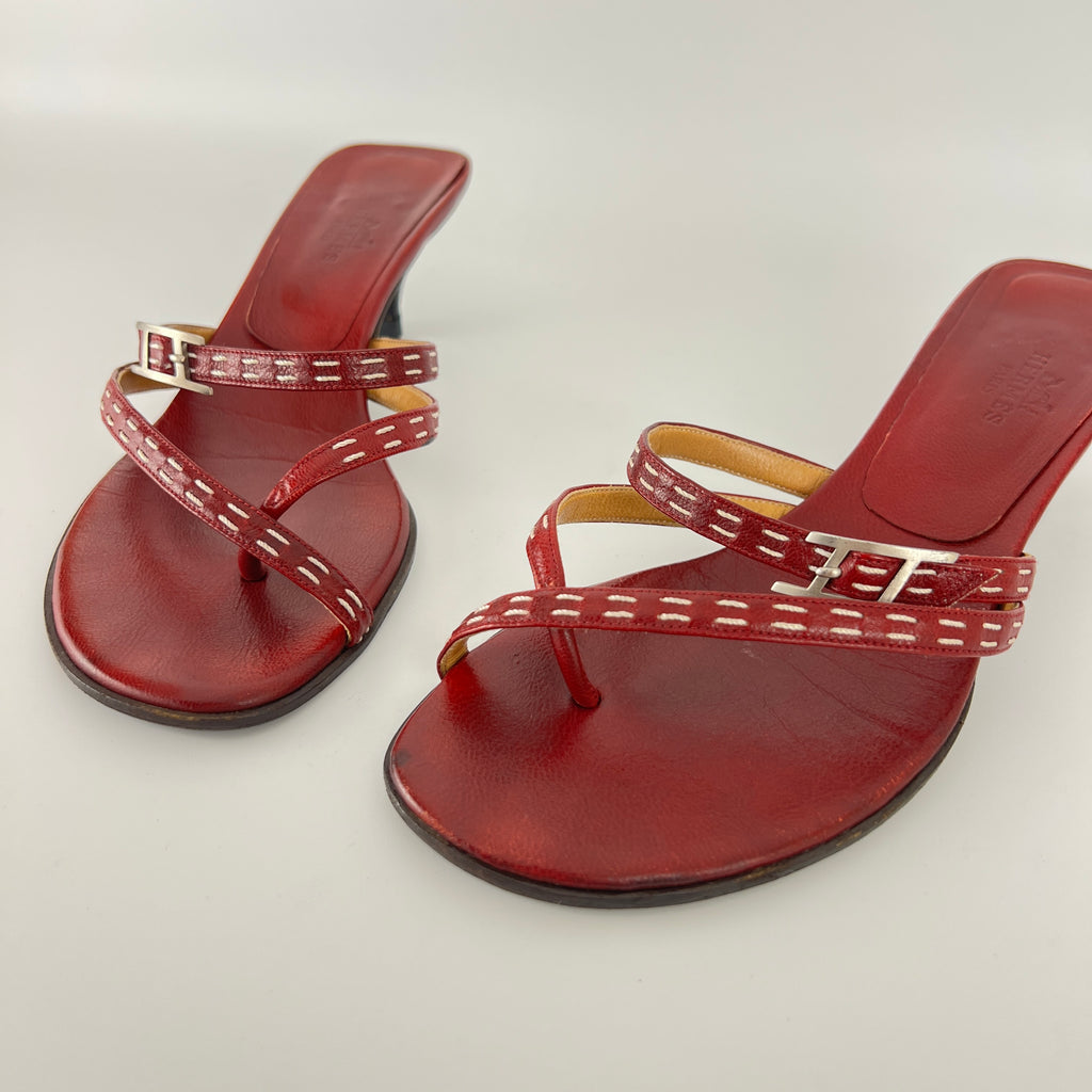 Hermes | Vintage Red Leather Thong H Buckle Top Stitch Sandal Kitten Mules (35.5)
