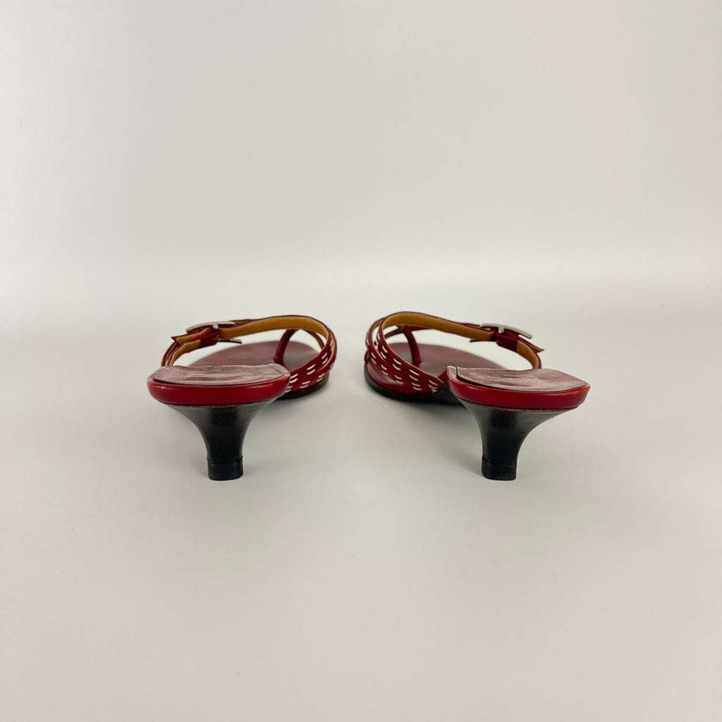 Hermes | Vintage Red Leather Thong H Buckle Top Stitch Sandal Kitten Mules (35.5)