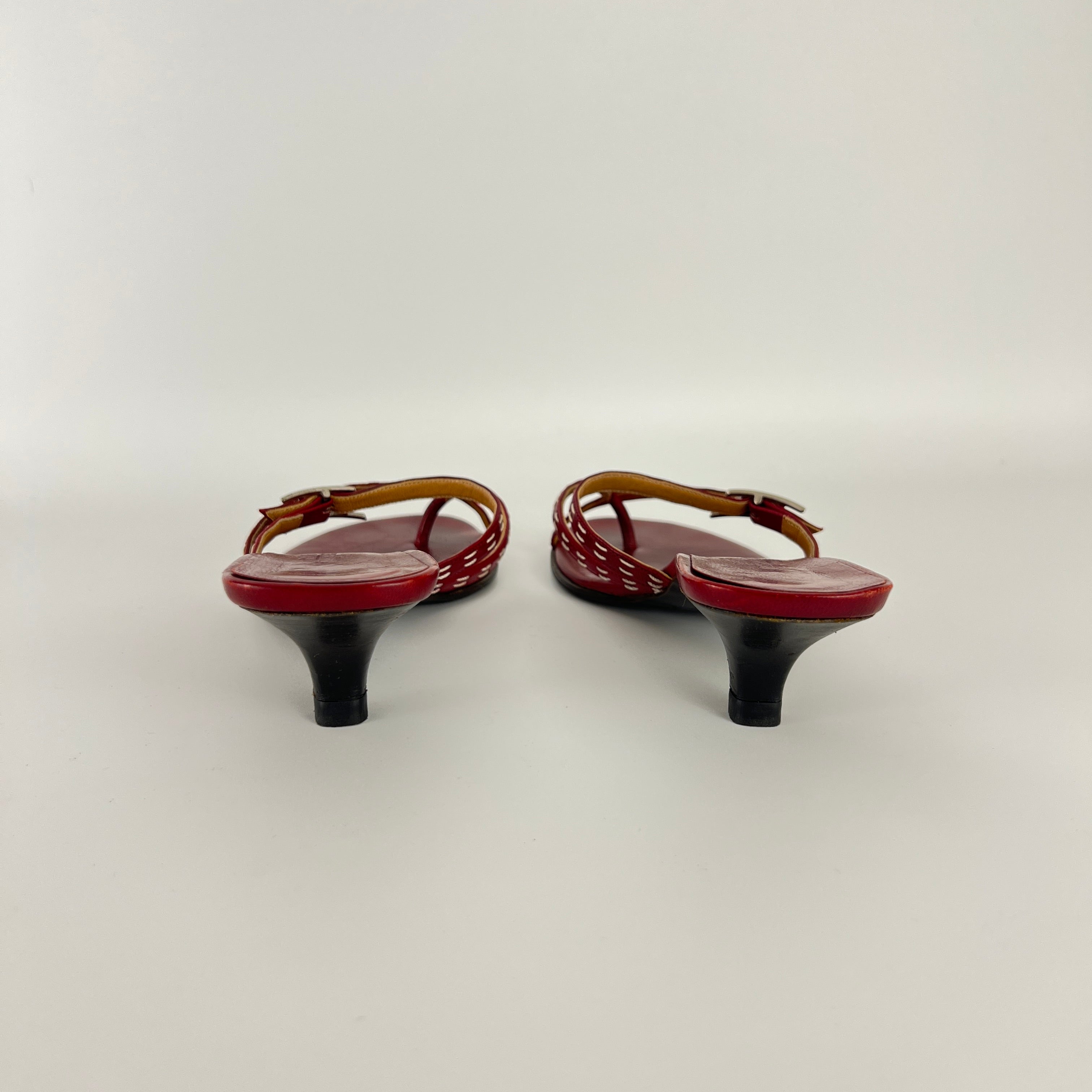 Hermes | Vintage Red Leather Thong H Buckle Top Stitch Sandal Kitten Mules (35.5)