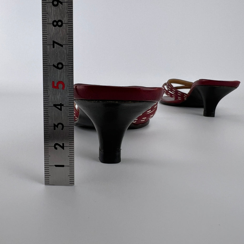 Hermes | Vintage Red Leather Thong H Buckle Top Stitch Sandal Kitten Mules (35.5)