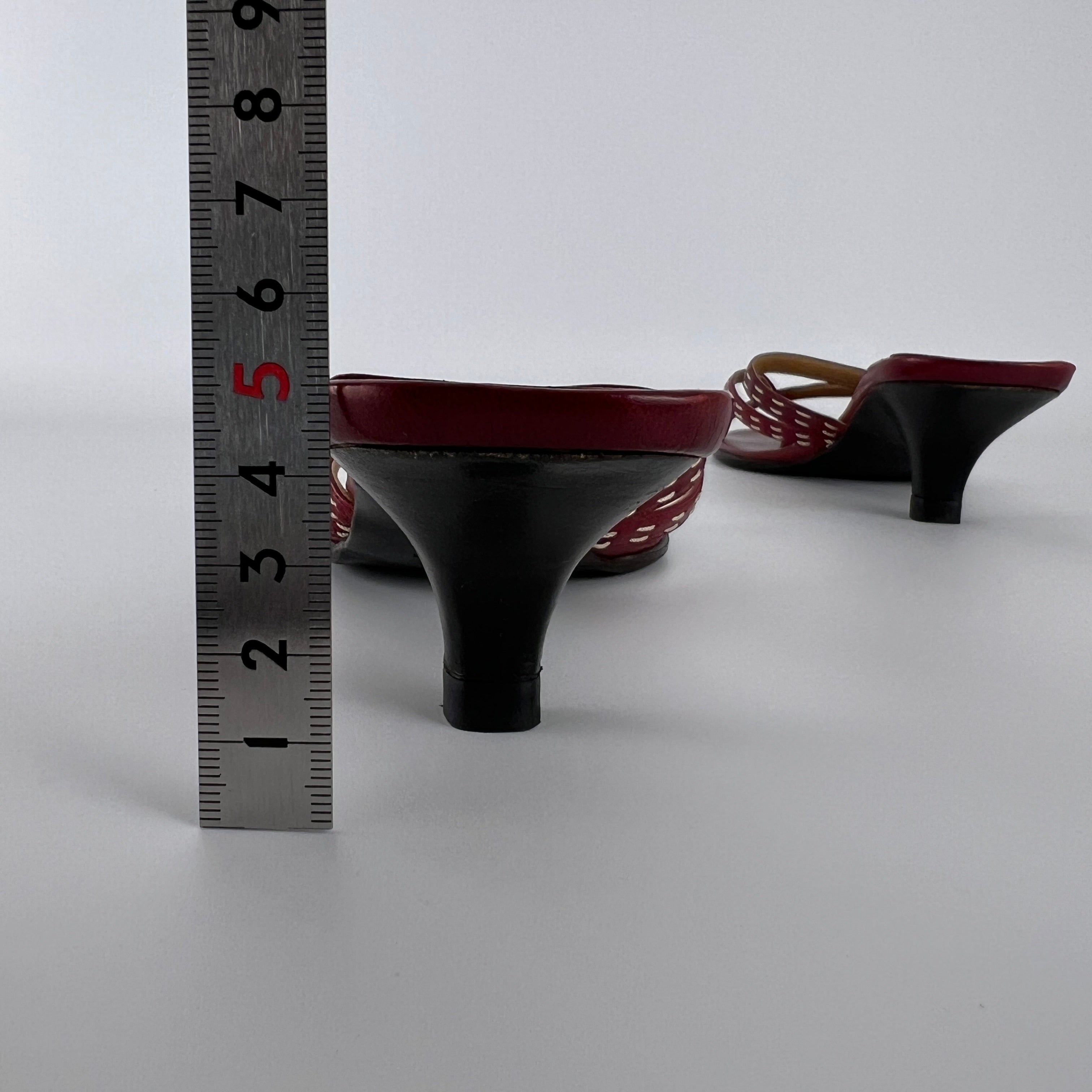 Hermes | Vintage Red Leather Thong H Buckle Top Stitch Sandal Kitten Mules (35.5)