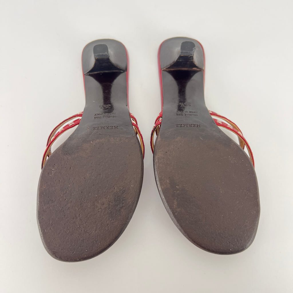 Hermes | Vintage Red Leather Thong H Buckle Top Stitch Sandal Kitten Mules (35.5)
