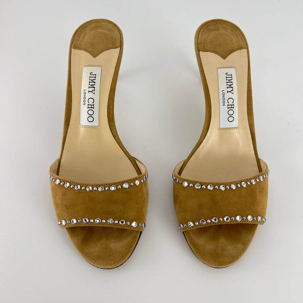 Jimmy Choo | Tan Suede Leather Silver Rhinestone Stud Mules (36.5)