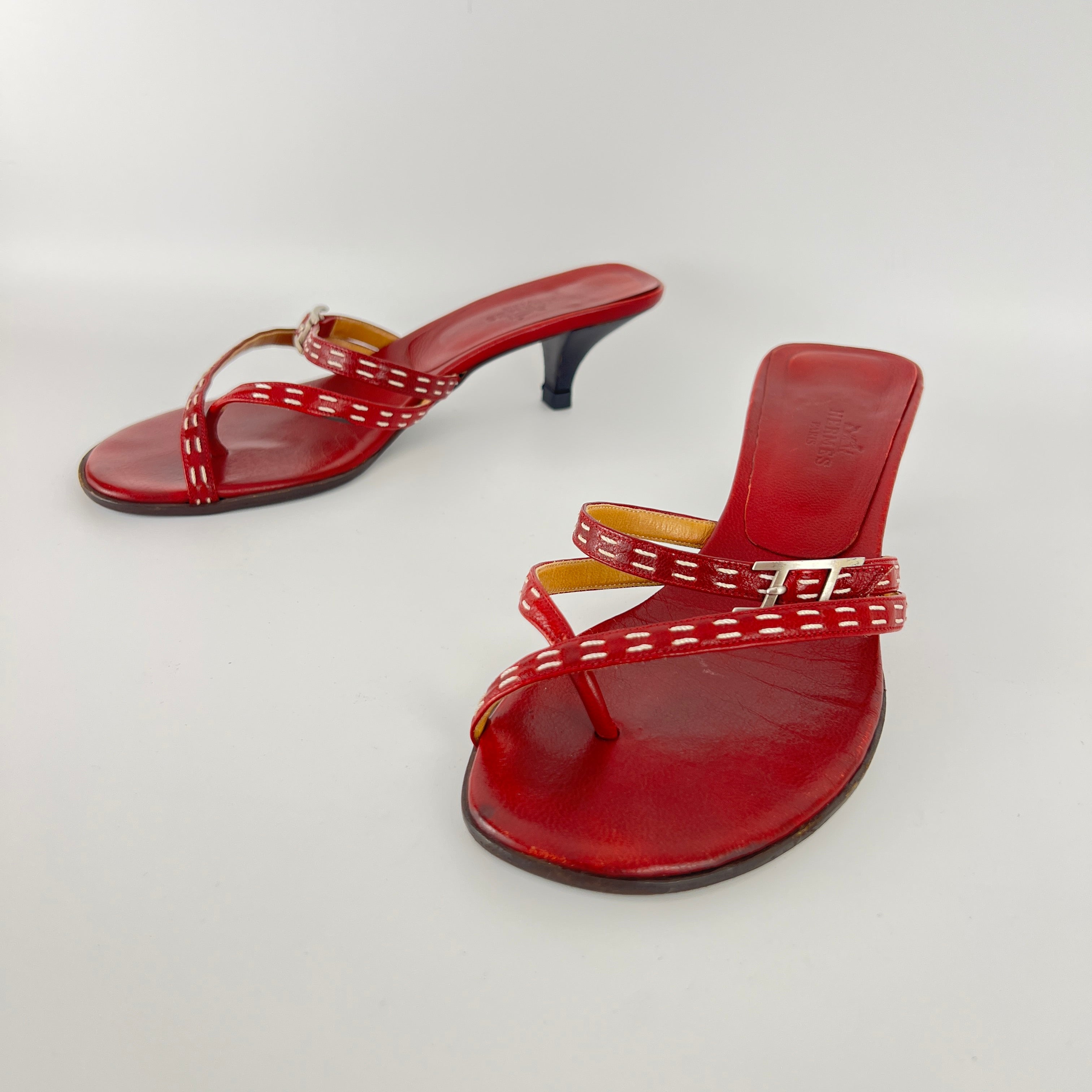 Hermes | Vintage Red Leather Thong H Buckle Top Stitch Sandal Kitten Mules (35.5)