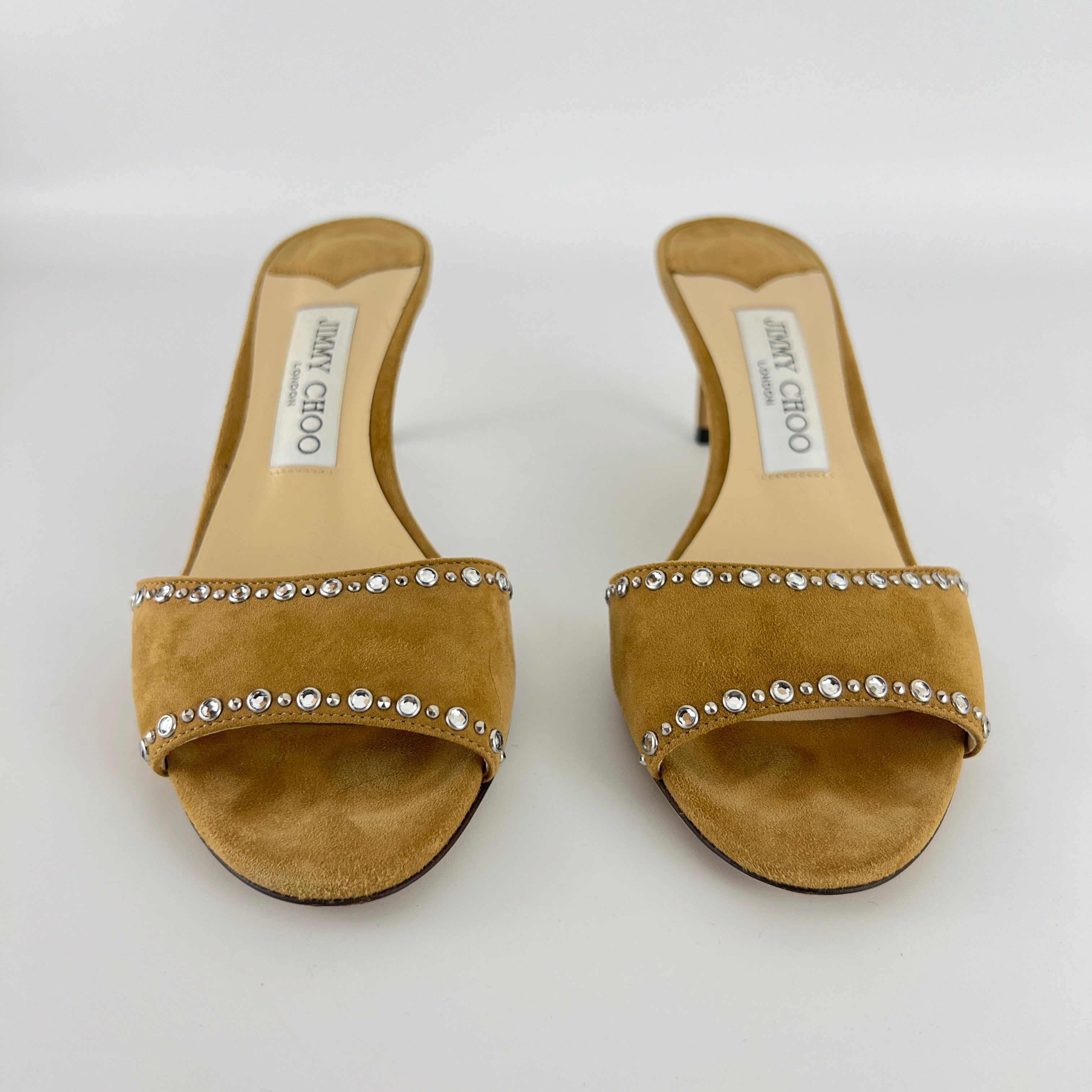 Jimmy Choo | Tan Suede Leather Silver Rhinestone Stud Mules (36.5)