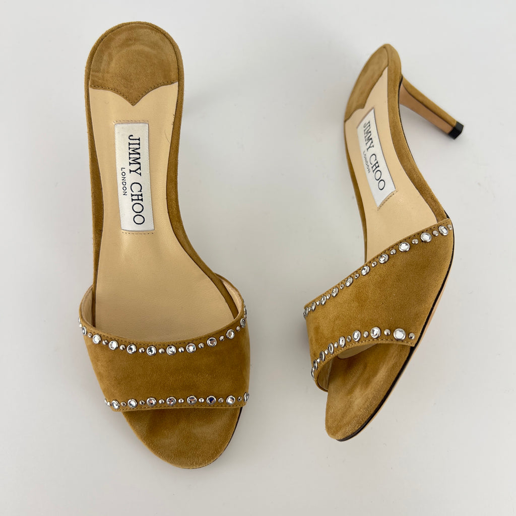 Jimmy Choo | Tan Suede Leather Silver Rhinestone Stud Mules (36.5)