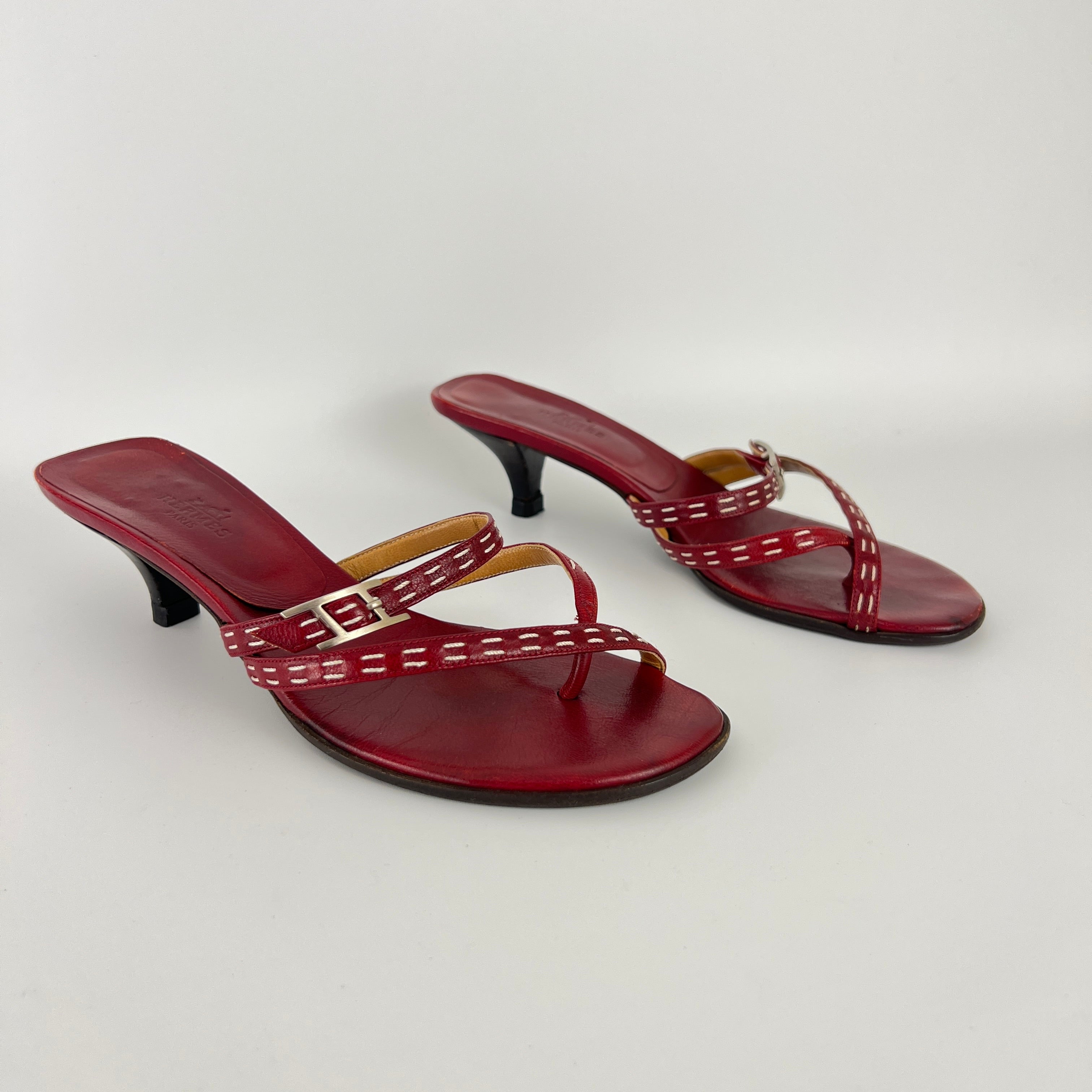 Hermes | Vintage Red Leather Thong H Buckle Top Stitch Sandal Kitten Mules (35.5)