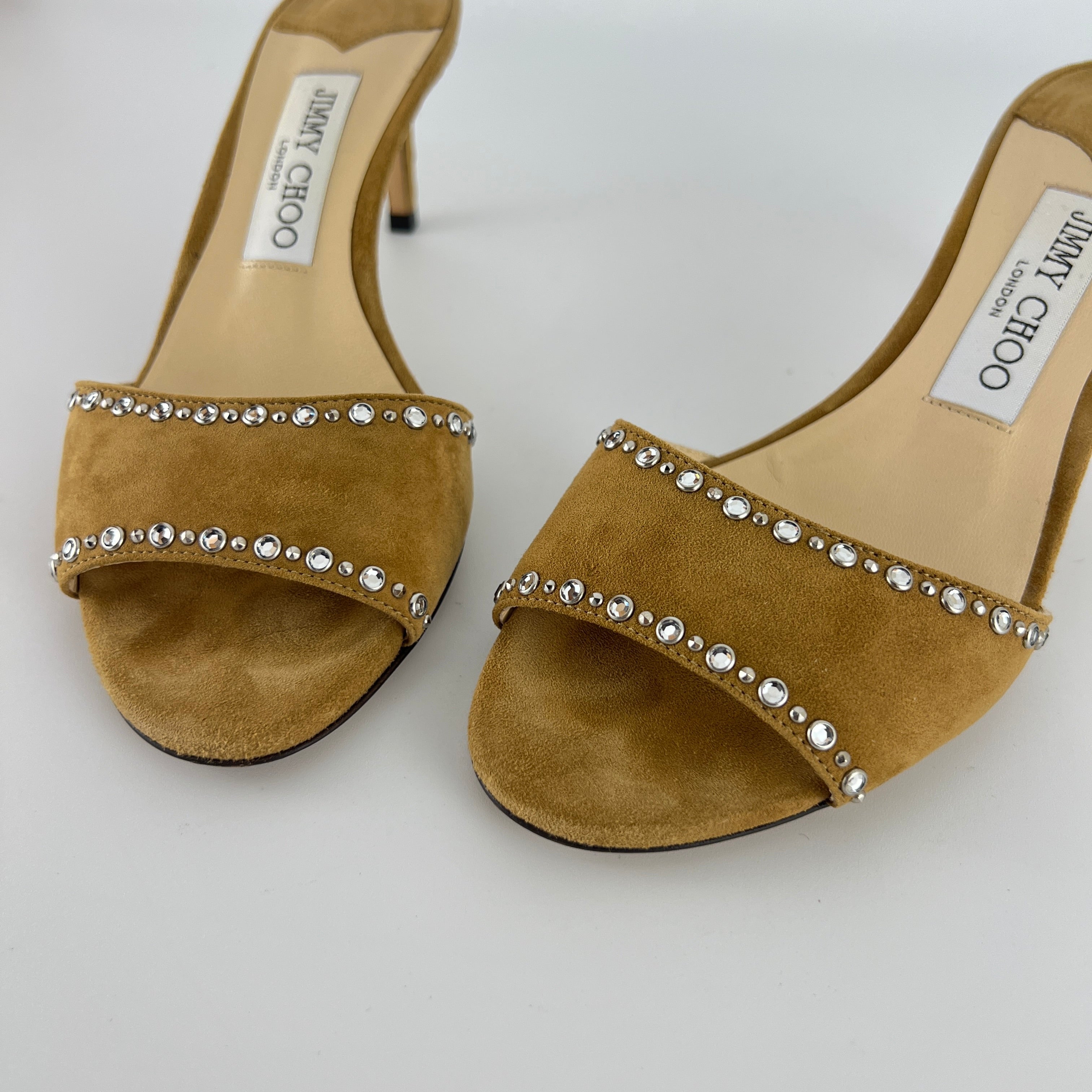 Jimmy Choo | Tan Suede Leather Silver Rhinestone Stud Mules (36.5)