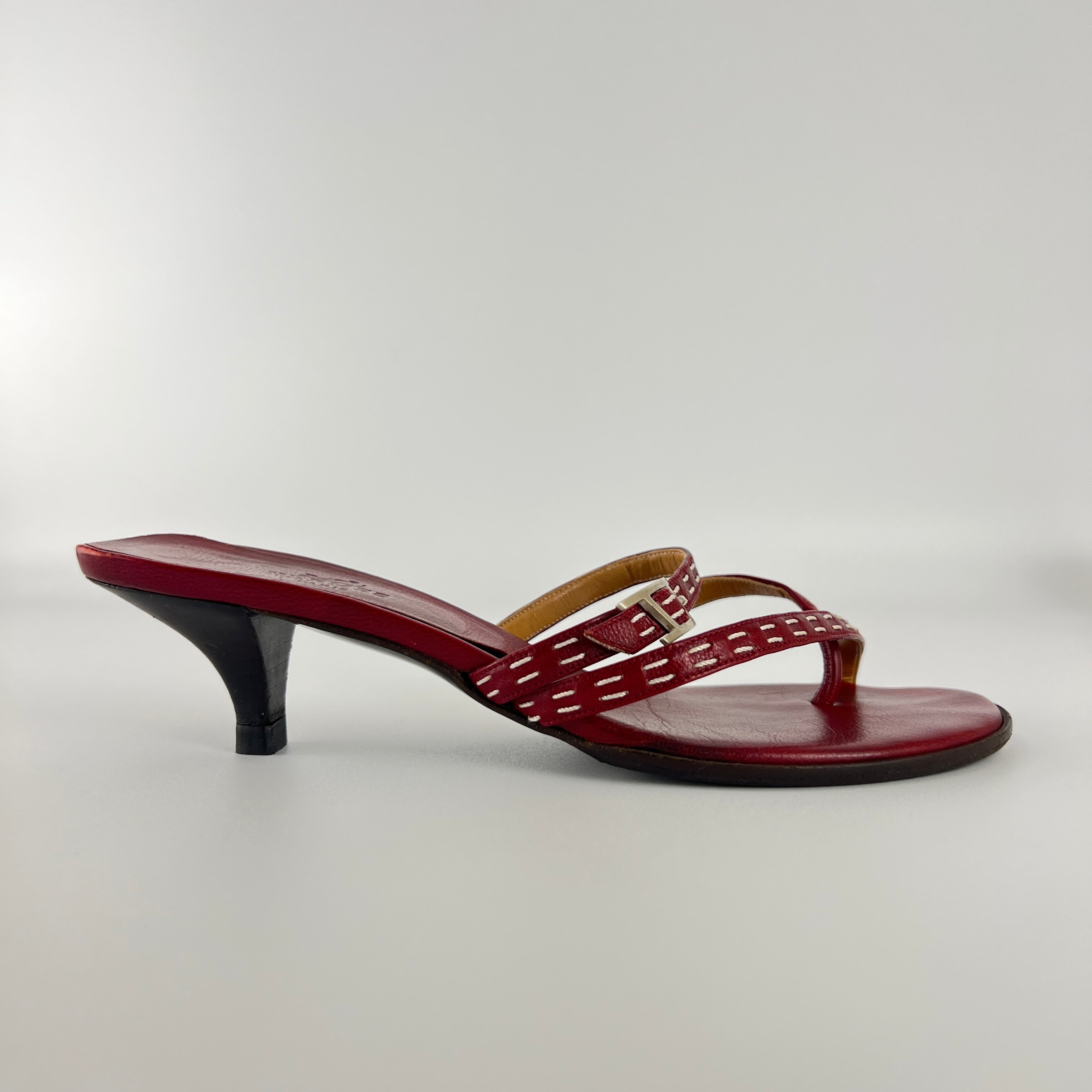 Hermes | Vintage Red Leather Thong H Buckle Top Stitch Sandal Kitten Mules (35.5)