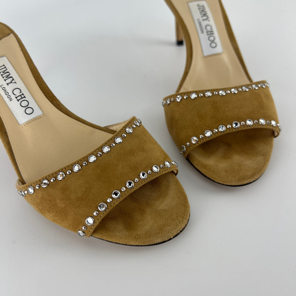 Jimmy Choo | Tan Suede Leather Silver Rhinestone Stud Mules (36.5)