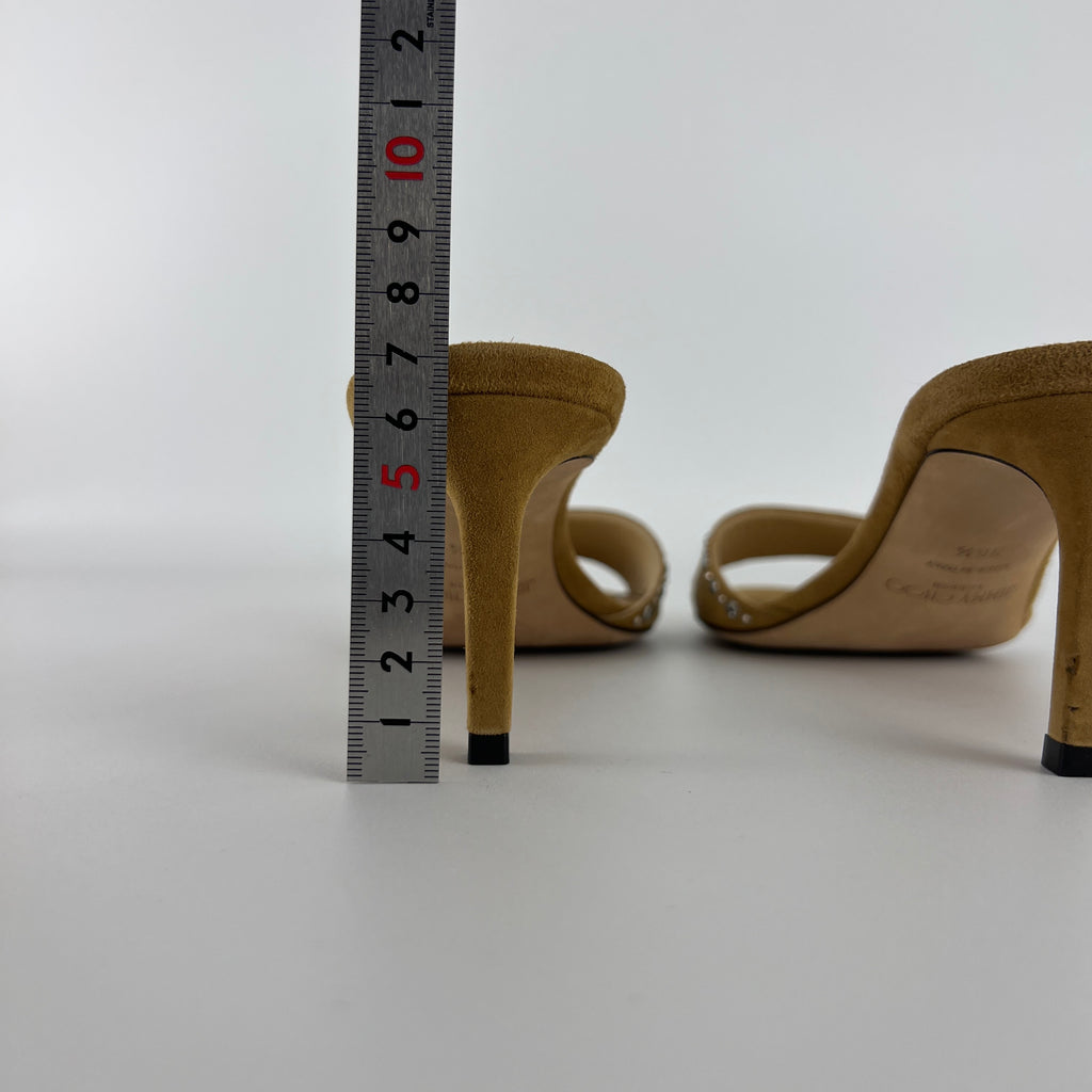 Jimmy Choo | Tan Suede Leather Silver Rhinestone Stud Mules (36.5)