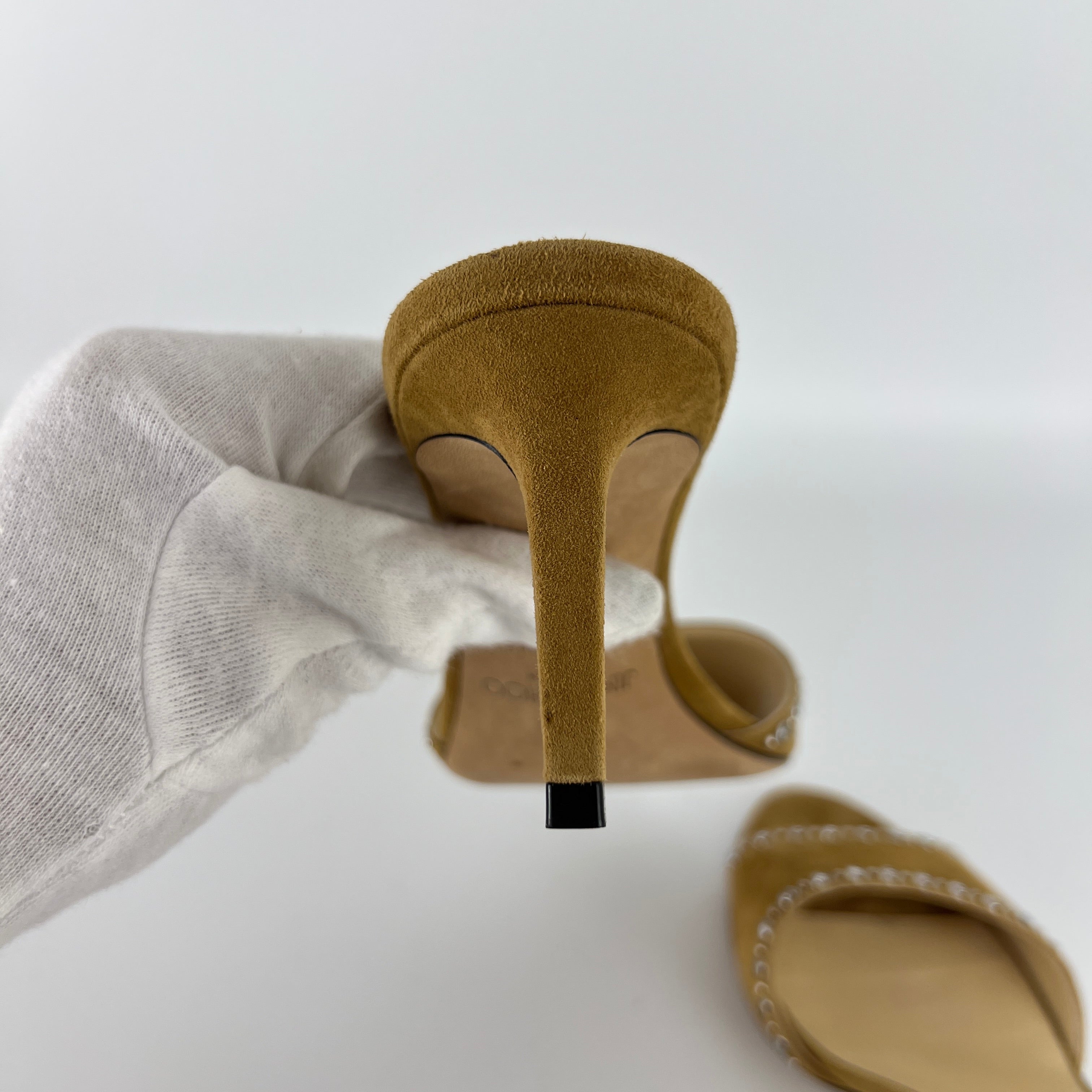 Jimmy Choo | Tan Suede Leather Silver Rhinestone Stud Mules (36.5)