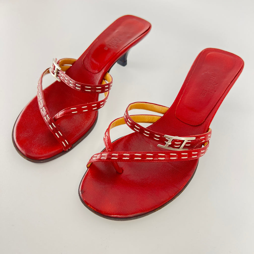 Hermes | Vintage Red Leather Thong H Buckle Top Stitch Sandal Kitten Mules (35.5)