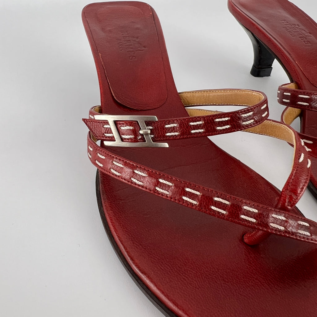 Hermes | Vintage Red Leather Thong H Buckle Top Stitch Sandal Kitten Mules (35.5)