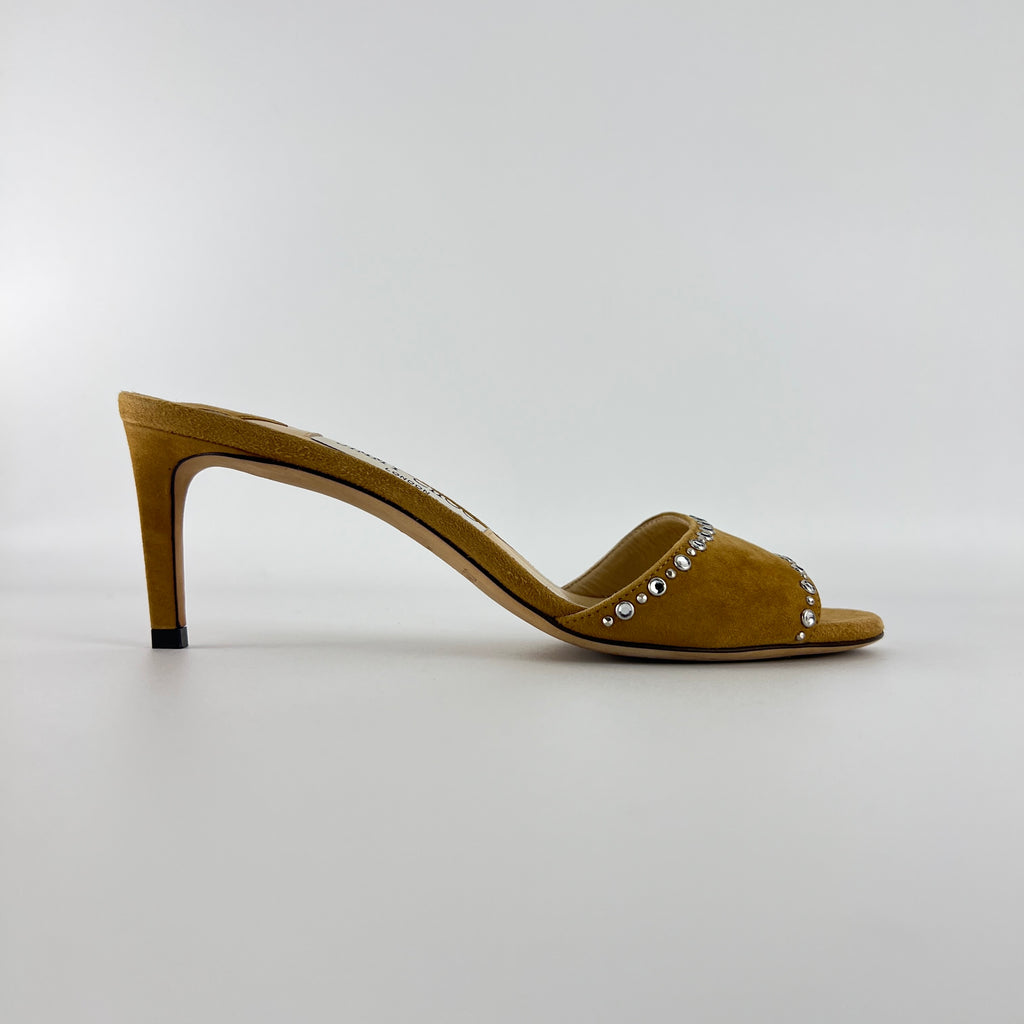 Jimmy Choo | Tan Suede Leather Silver Rhinestone Stud Mules (36.5)