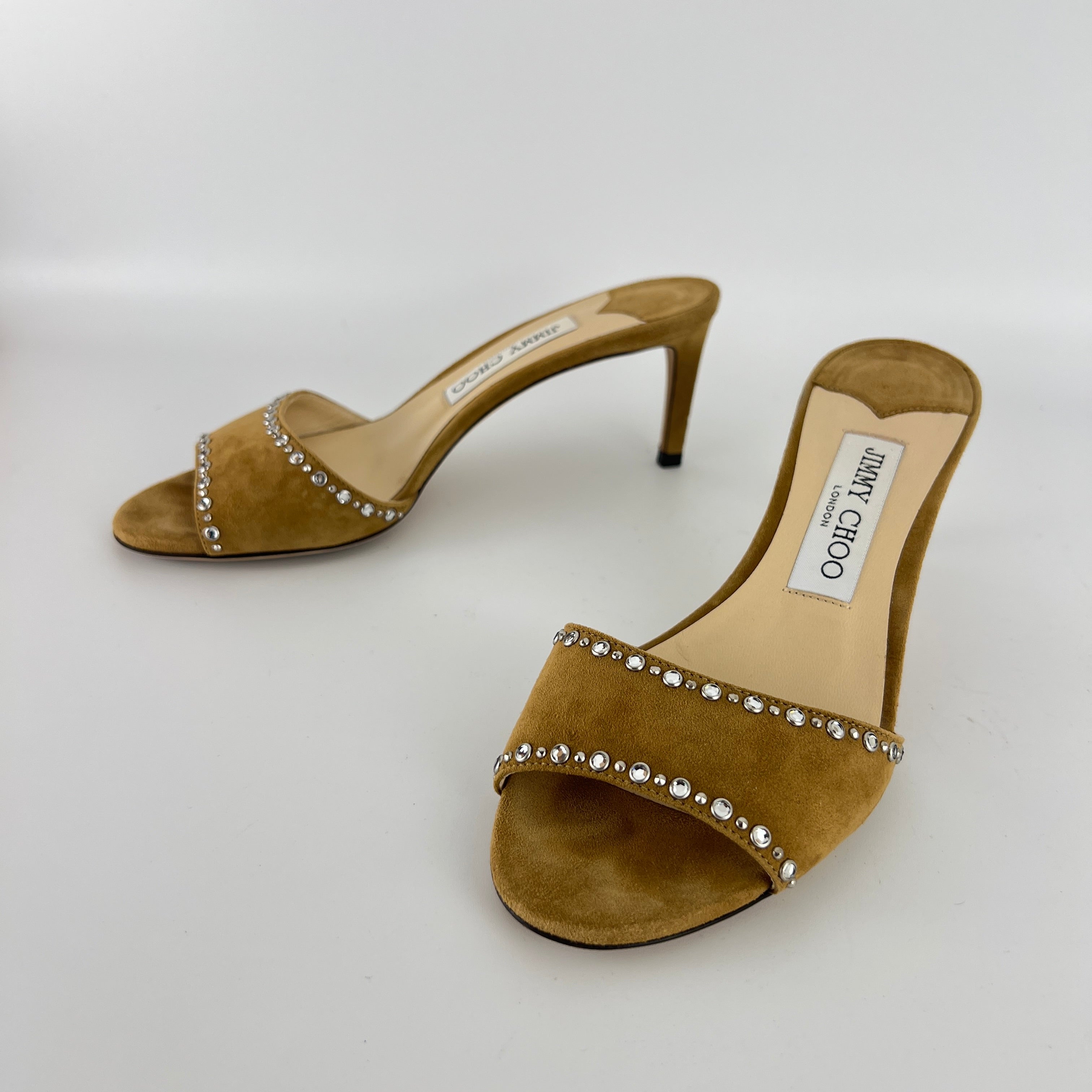 Jimmy Choo | Tan Suede Leather Silver Rhinestone Stud Mules (36.5)