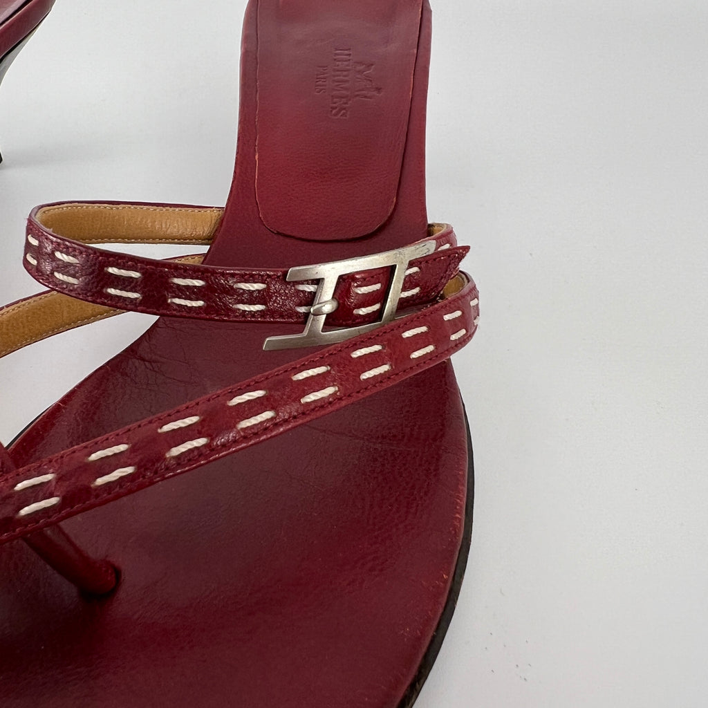 Hermes | Vintage Red Leather Thong H Buckle Top Stitch Sandal Kitten Mules (35.5)