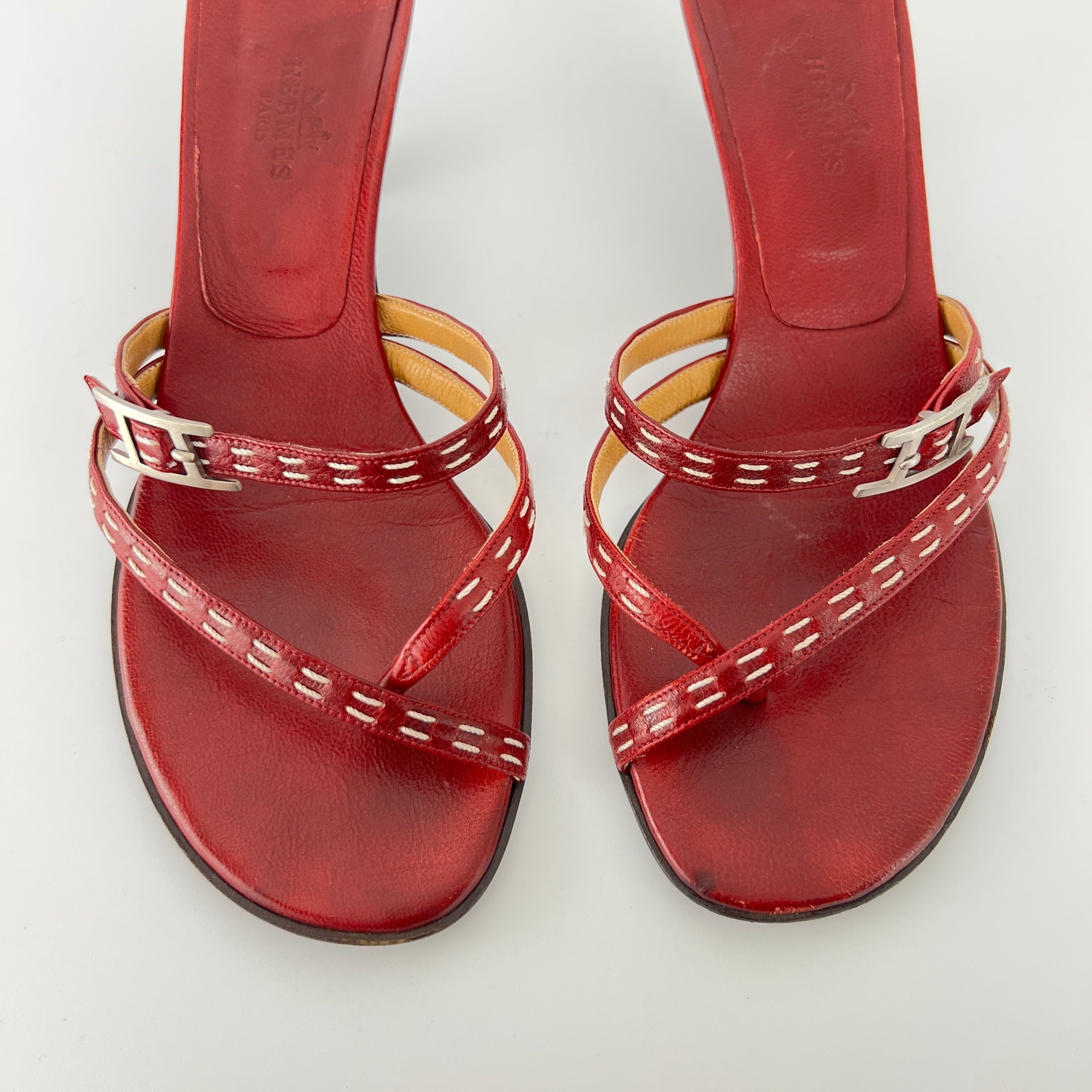 Hermes | Vintage Red Leather Thong H Buckle Top Stitch Sandal Kitten Mules (35.5)