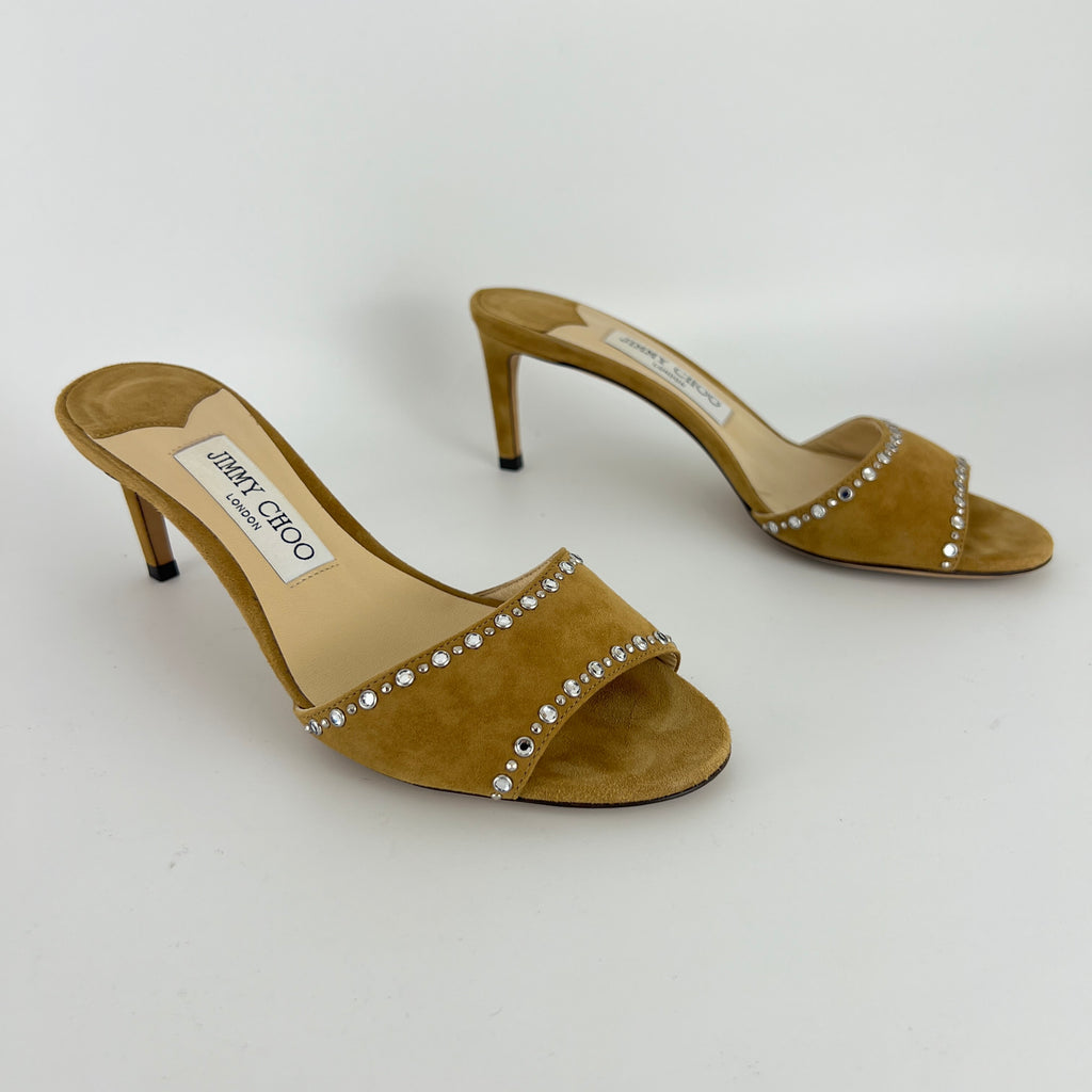 Jimmy Choo | Tan Suede Leather Silver Rhinestone Stud Mules (36.5)