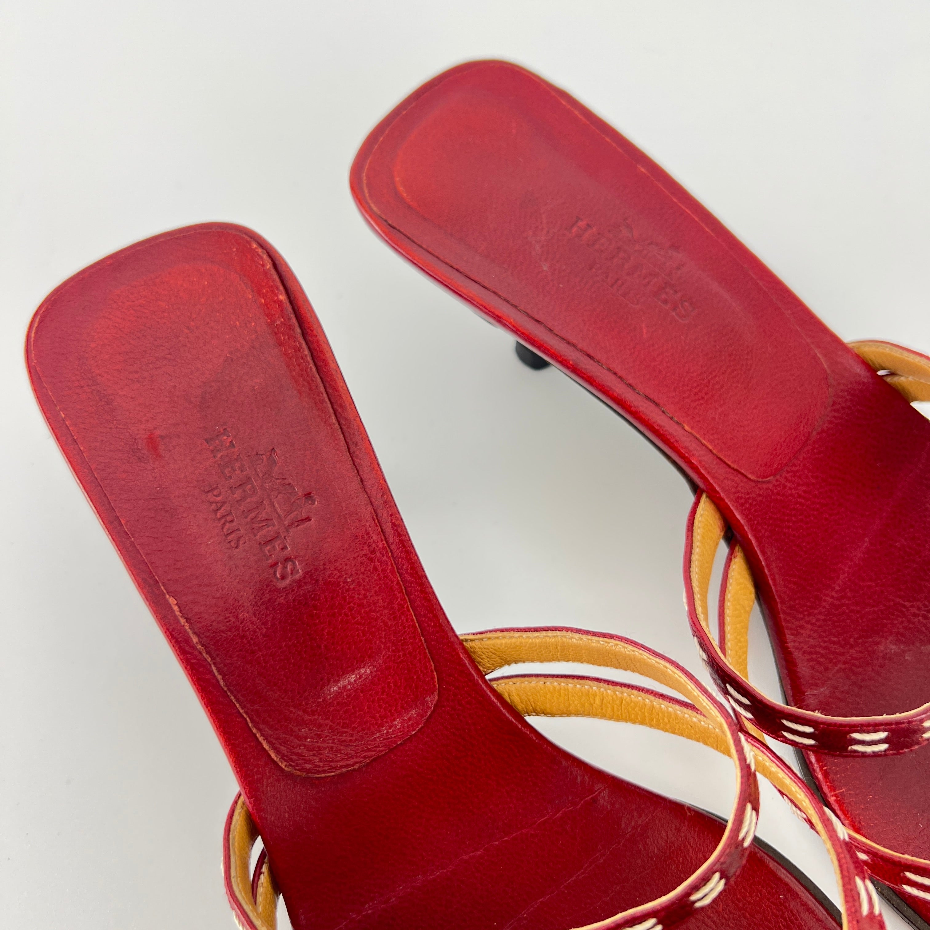 Hermes | Vintage Red Leather Thong H Buckle Top Stitch Sandal Kitten Mules (35.5)