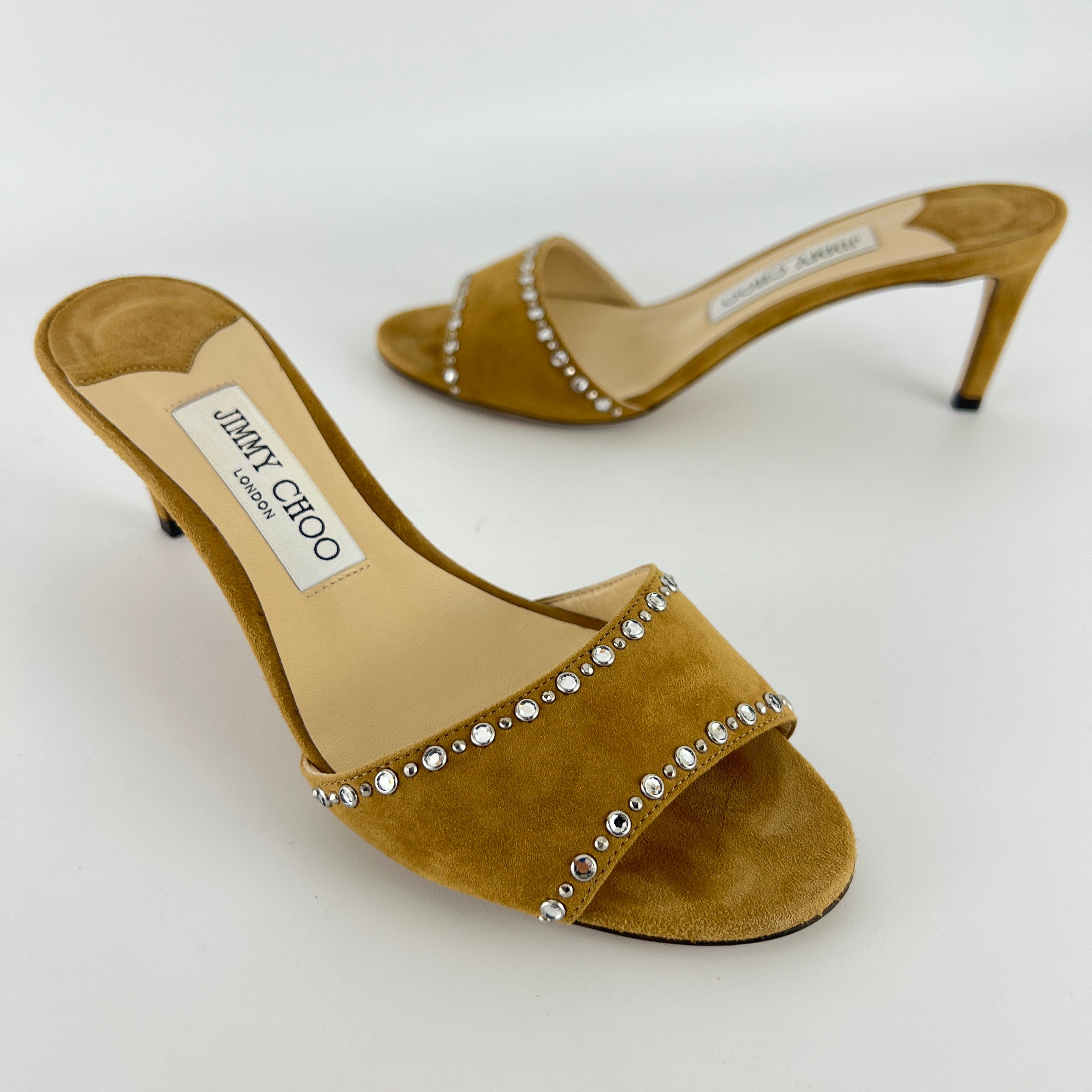 Jimmy Choo | Tan Suede Leather Silver Rhinestone Stud Mules (36.5)