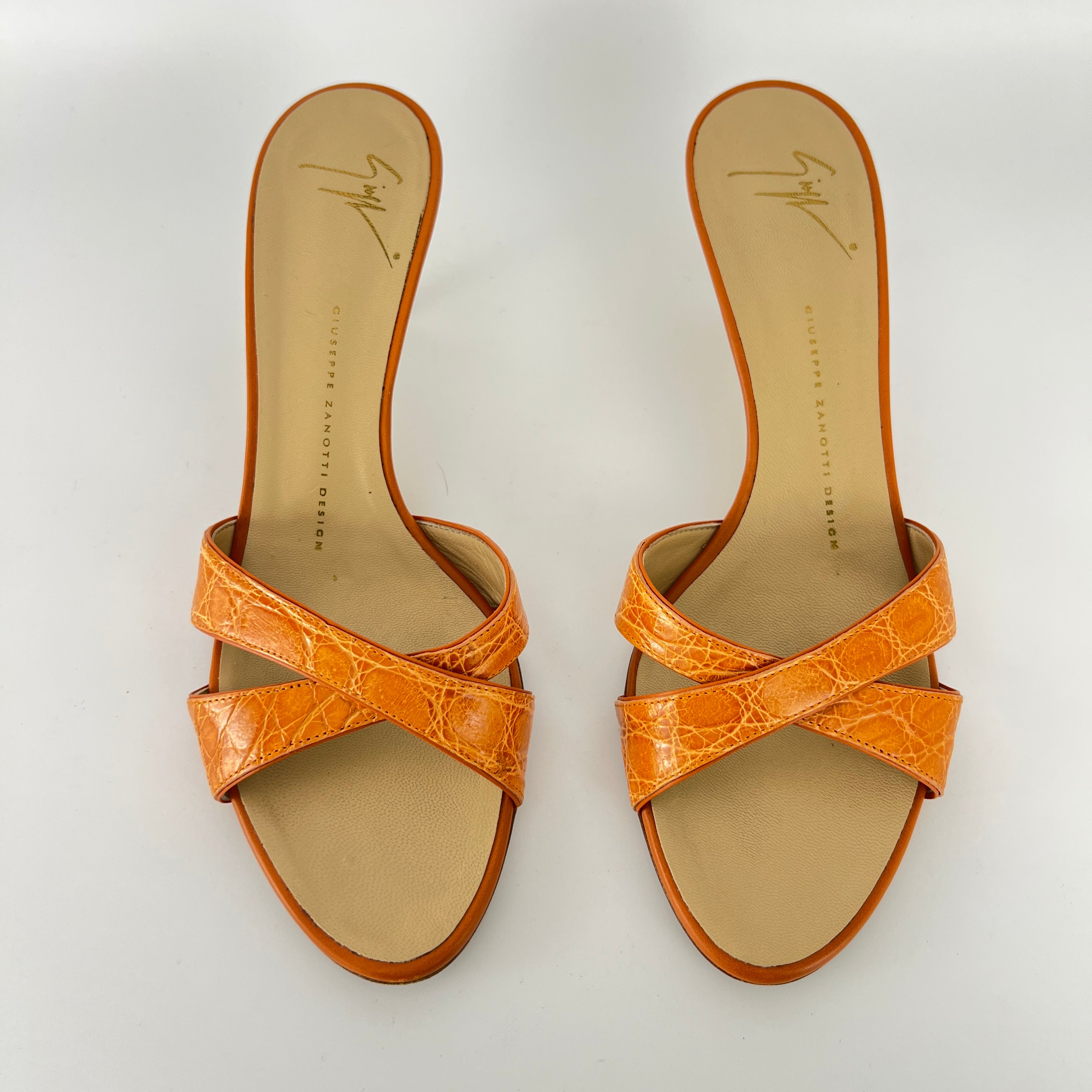 Zanotti | Orange Croc Embossed Leather Gold Heel Strappy Sandal Mules (40)