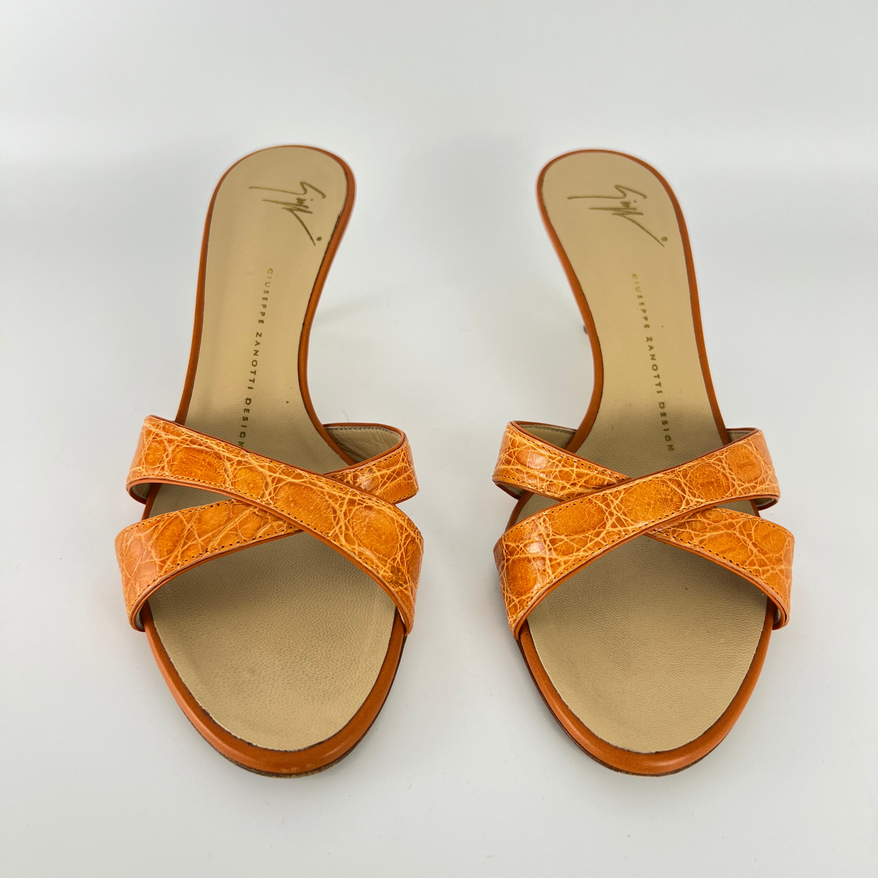 Zanotti | Orange Croc Embossed Leather Gold Heel Strappy Sandal Mules (40)