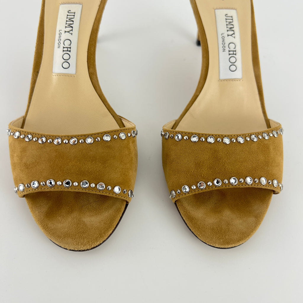 Jimmy Choo | Tan Suede Leather Silver Rhinestone Stud Mules (36.5)