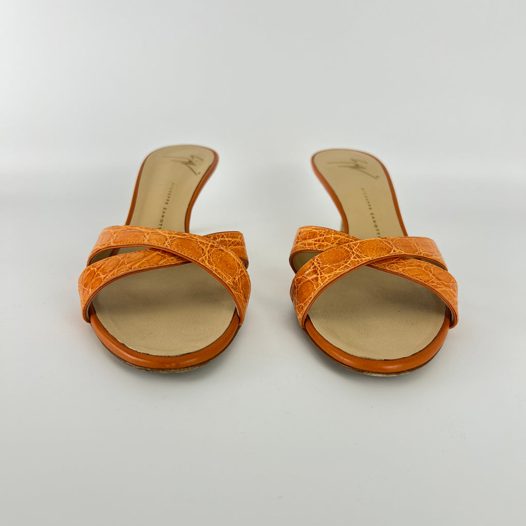 Zanotti | Orange Croc Embossed Leather Gold Heel Strappy Sandal Mules (40)