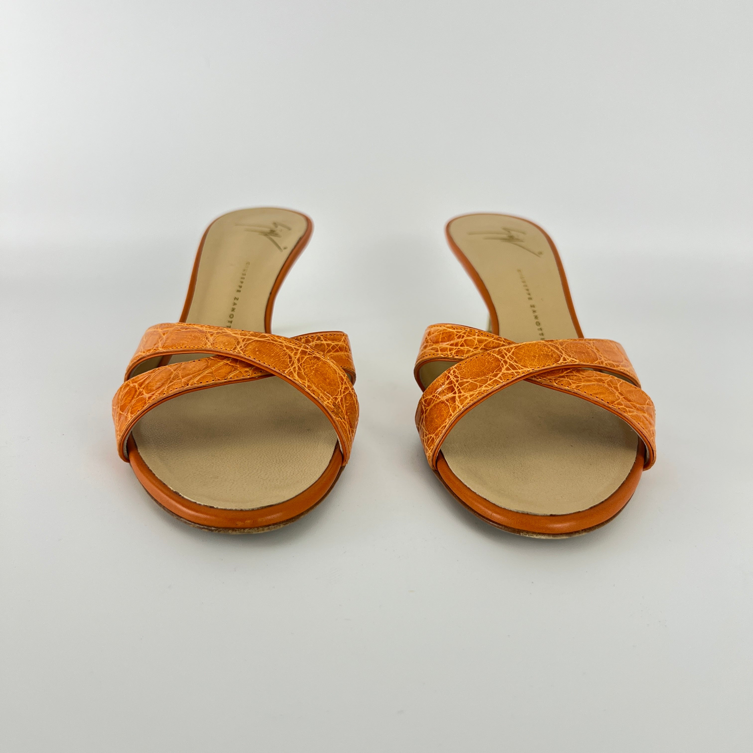 Zanotti | Orange Croc Embossed Leather Gold Heel Strappy Sandal Mules (40)