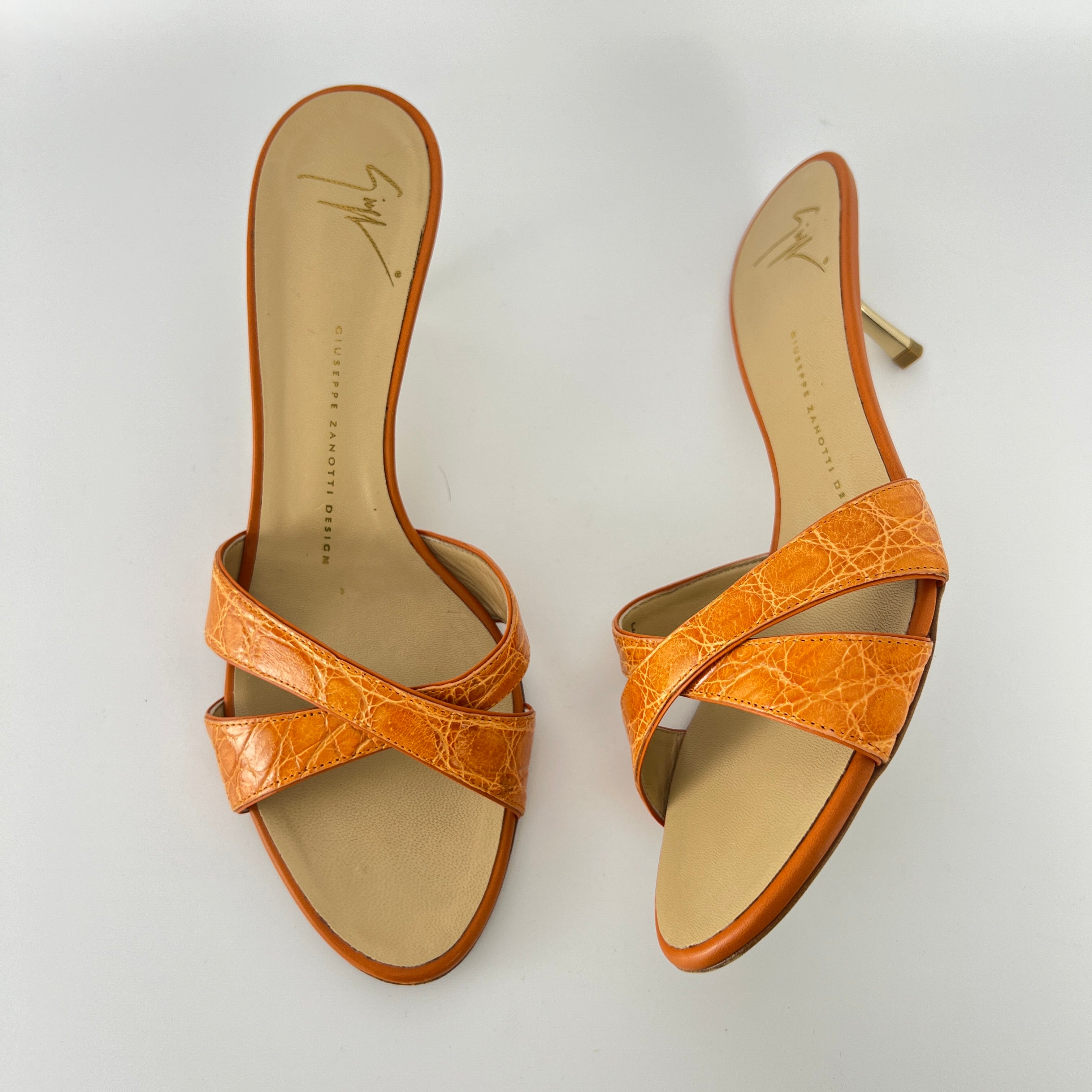 Zanotti | Orange Croc Embossed Leather Gold Heel Strappy Sandal Mules (40)