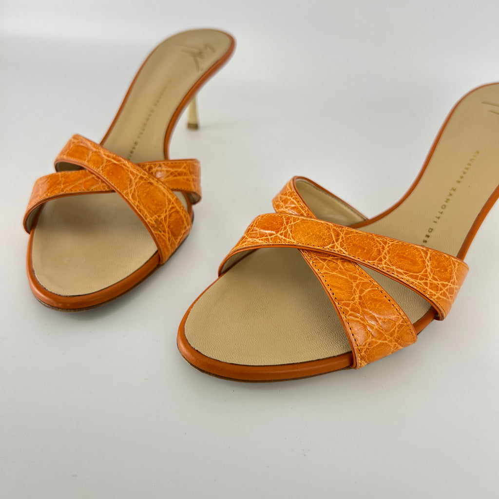 Zanotti | Orange Croc Embossed Leather Gold Heel Strappy Sandal Mules (40)